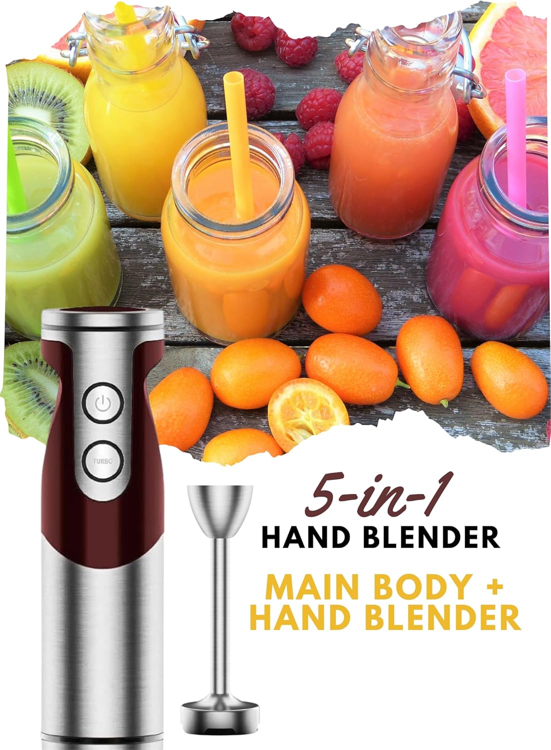 MegaWise Pro Titanium Reinforced 5 in1 Immersion Hand Blender, Powerful with 80% Sharper Blades, 12 Speed Corded Blender, Including 500ml Chopper, 600ml Beaker, Whisk and Milk Frother