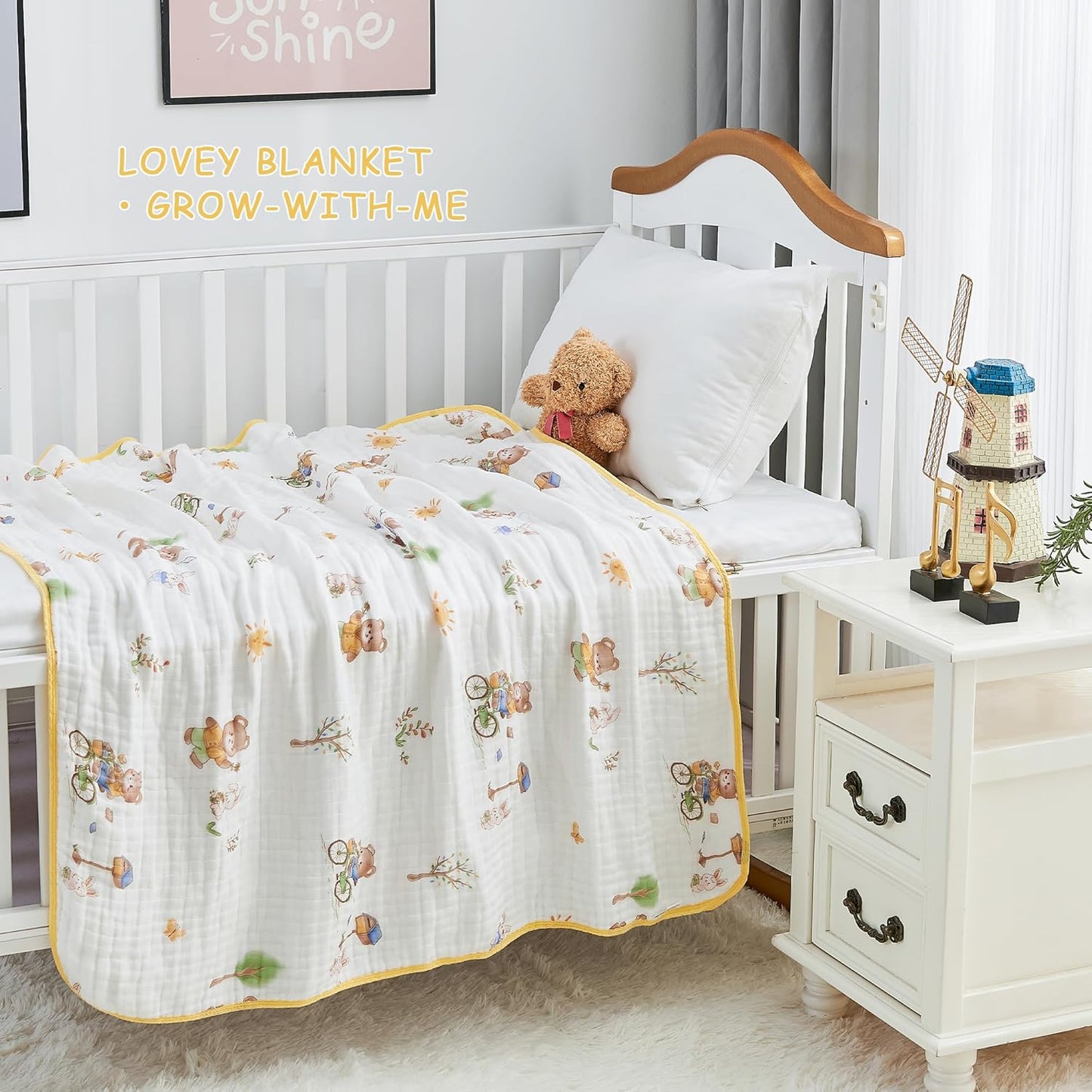 Luxury Muslin Baby Blanket, Cozy Swaddle, 6-Layer Cotton Receiving Blanket for Newborn Infant, 43x43 Inch Lightweight Breathable Crib Blanket, Nursery Stroller Toddler Quilt, Bear Print