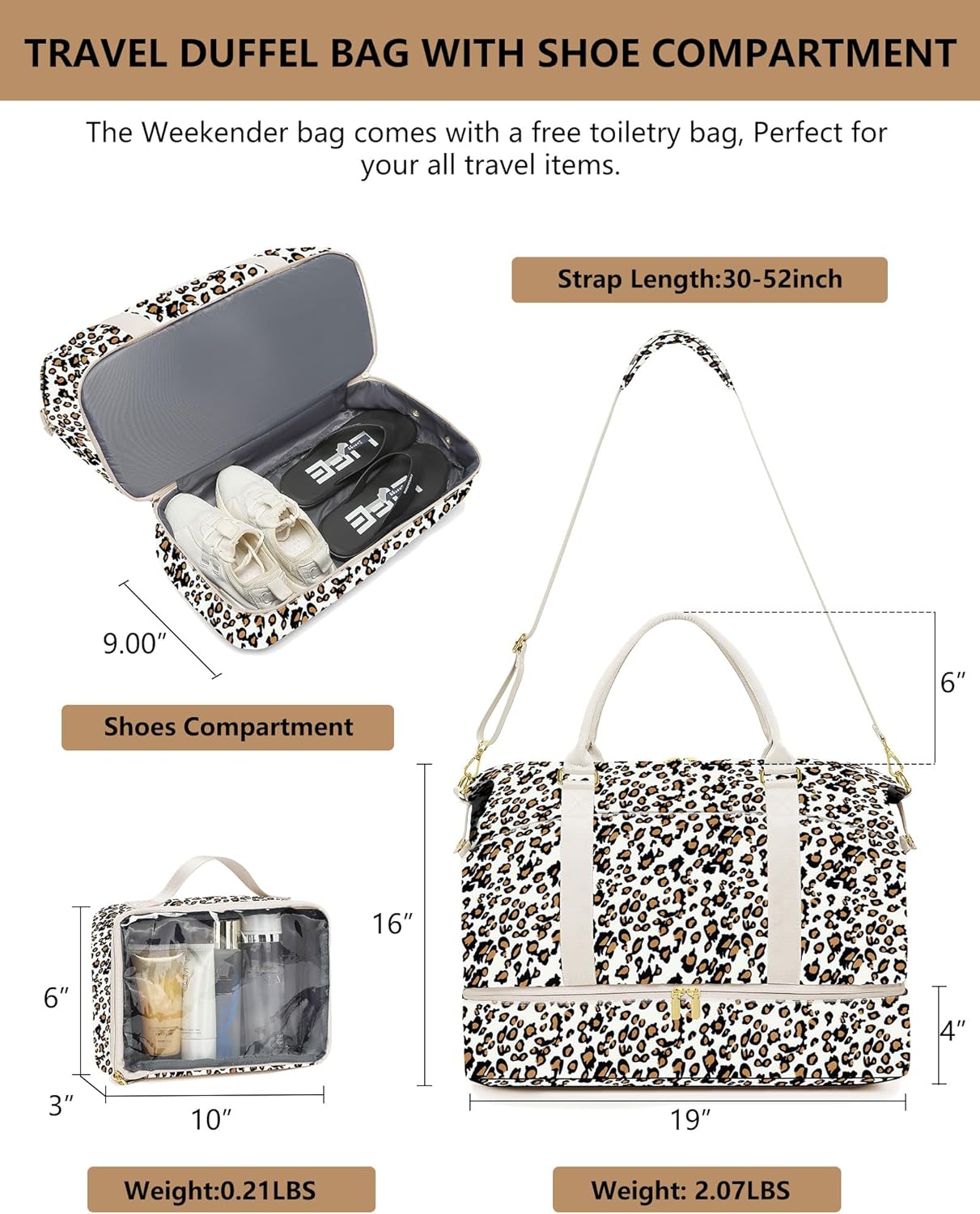 Travel Overnight Bag Weekender Bags: Large Duffle Bag Women with Shoe Compartment Carry on Overnight Bags with Toiletry Bag Gym Duffel Bag with Wet Pocket Hospital Bags for Labor and Delivery Leopard