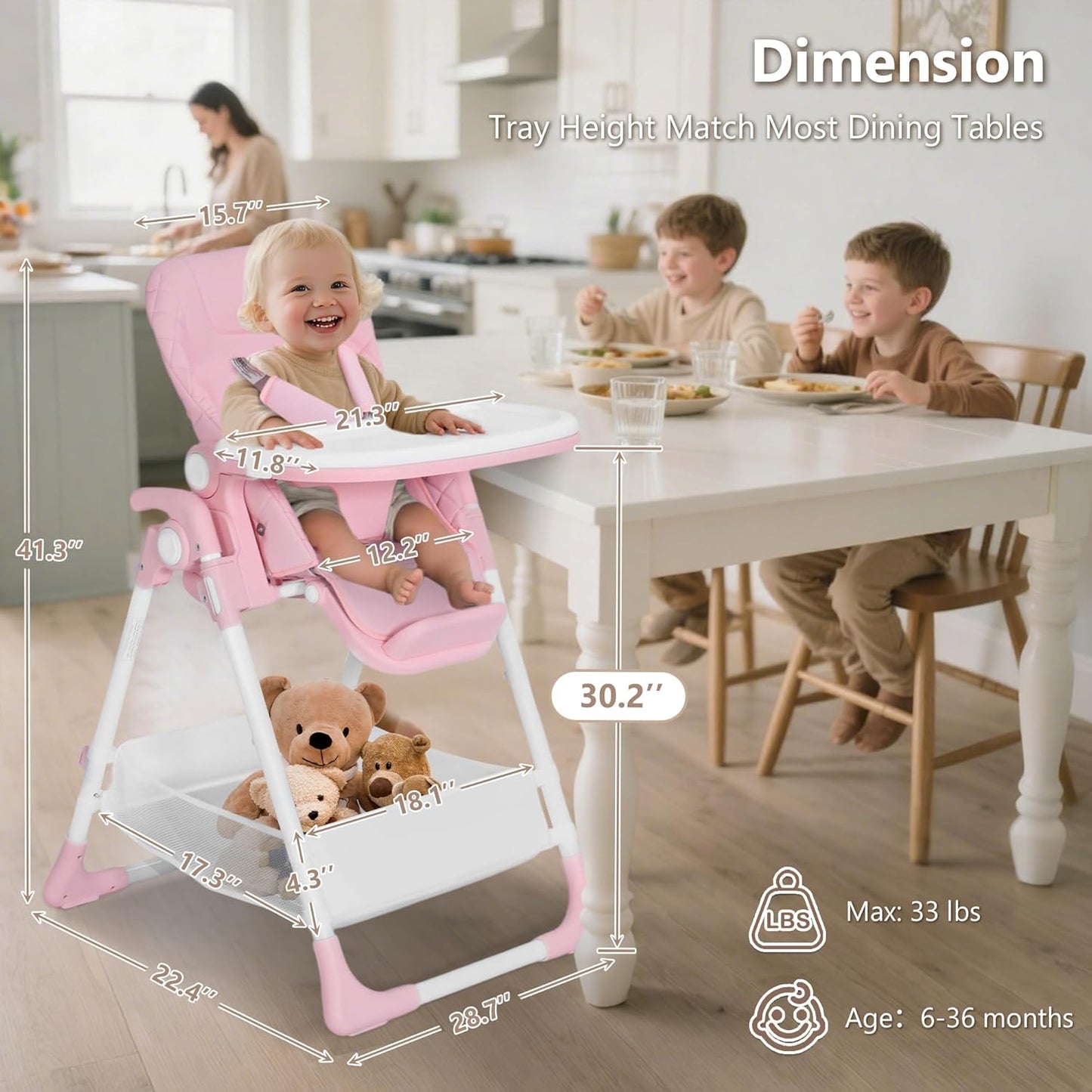 Kinder King Convertible Baby High Chair, Adjustable Feeding Chair for Babies and Toddlers with Removable Double Tray, Simple Compact Fold for Space-Saving, 2 Built-in Wheels, Easy to Clean, Pink