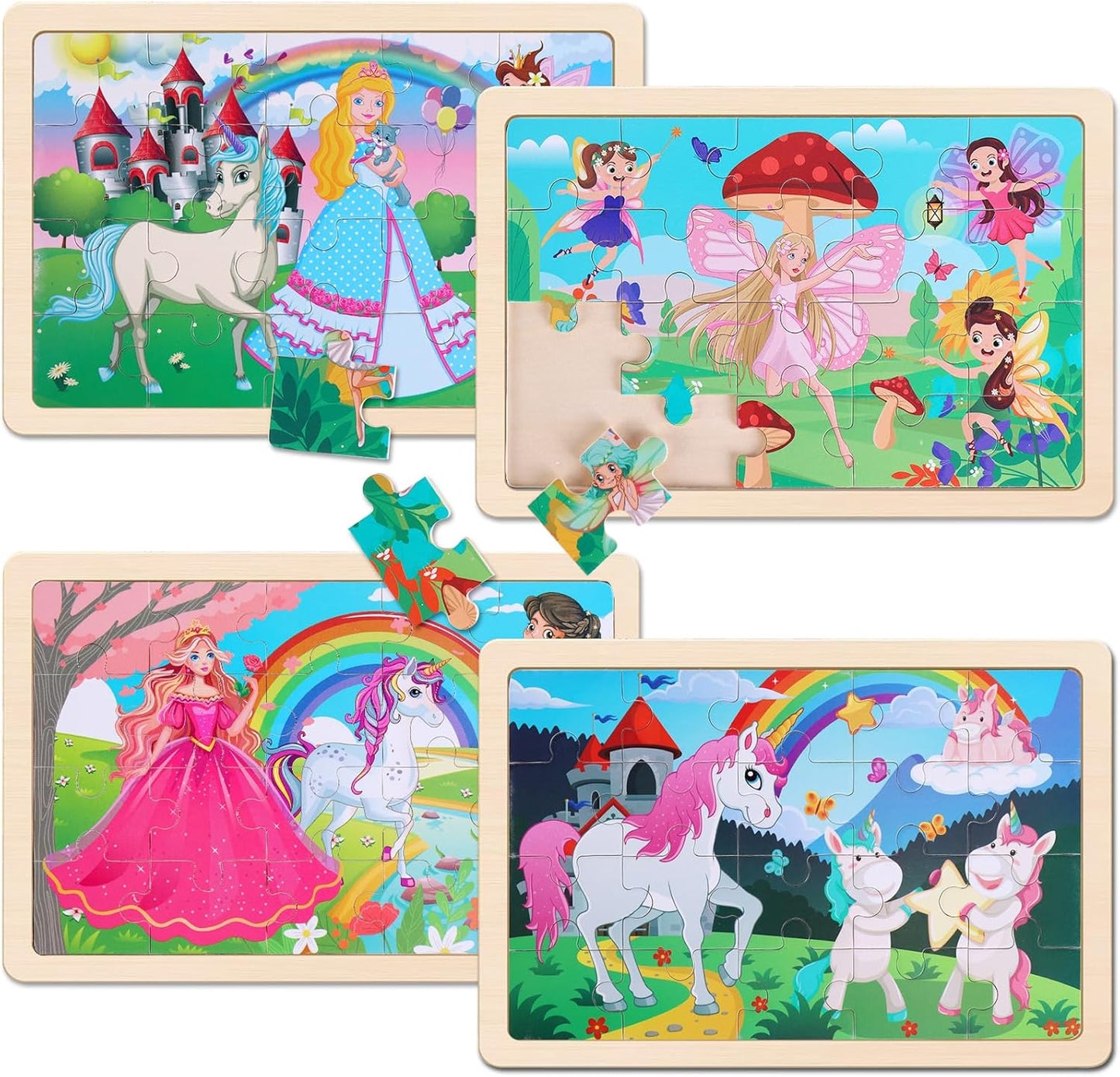 NASHRIO Wooden Educational Jigsaw Puzzles for Preschool Kids Ages 3-5, 4-Pack with 20 Pieces Unicorn Princess Wood Puzzles Set, Toddler Brain Teaser Toys, Preschool Gifts for Boys Girls Ages 3 4 5 6