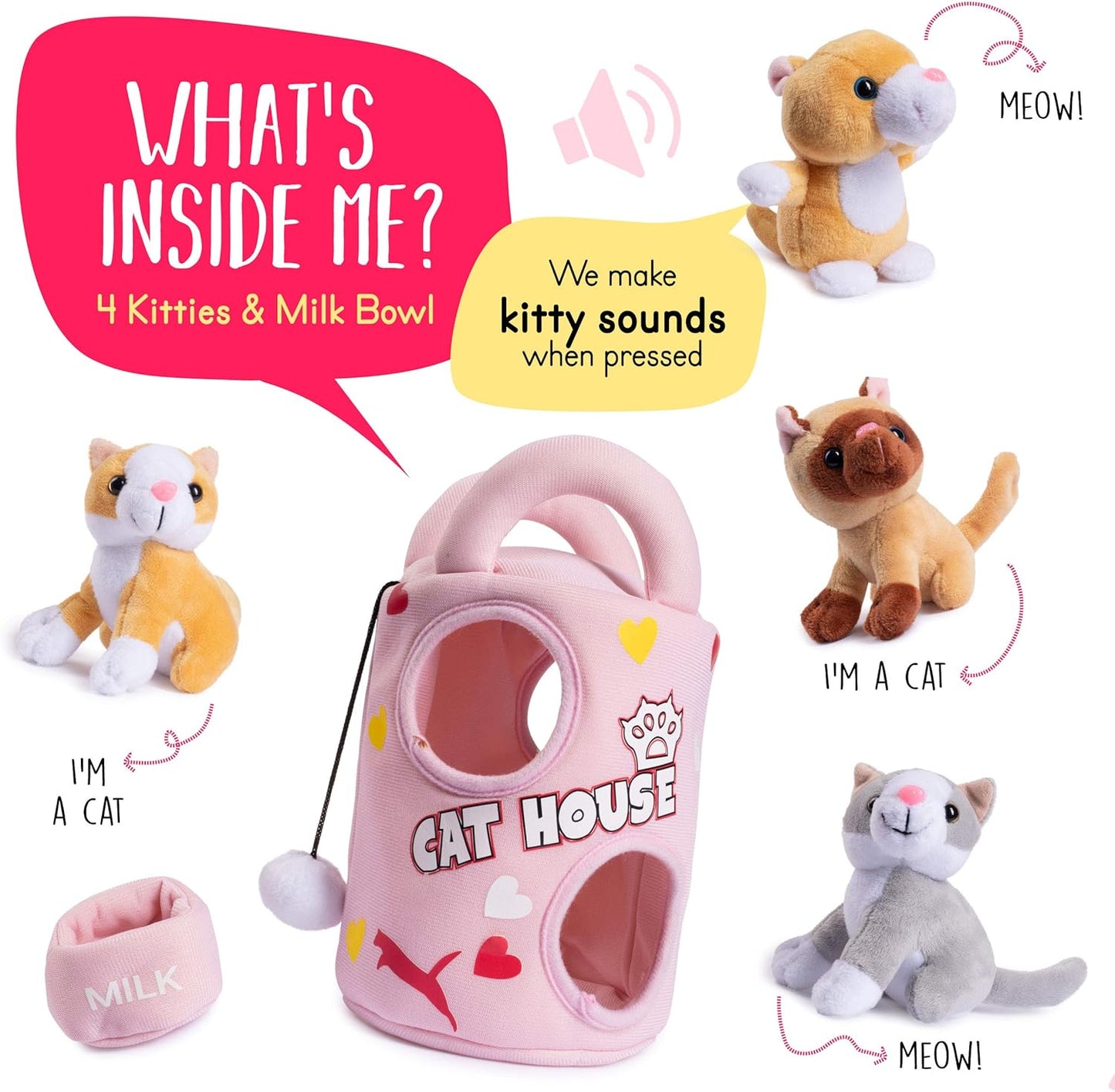 Plush Creations Talking Plush Cat House for Kids Includes Plush Cat House Carrier with 4 Soft Stuffed Talking & Meowing Kittens & A Cat Plush Milk Bowl Best Interactive Toy for Babies Or Toddlers
