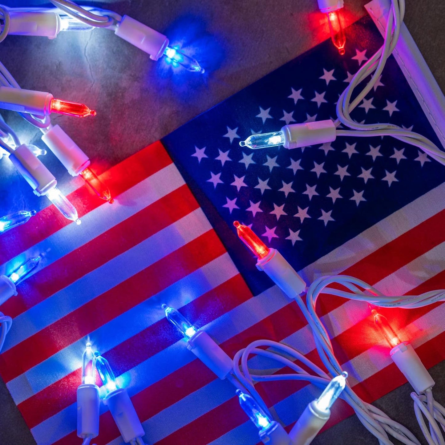 YULETIME 200 Count Red White & Blue LED Christmas Lights, 66 Feet White Wire UL Certified Commercial Grade Holiday String Light Set