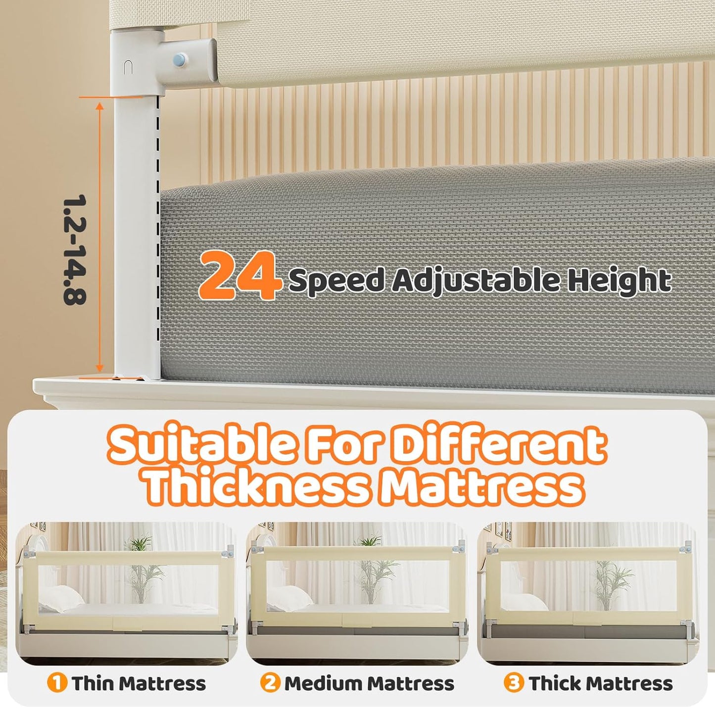 Bed Guard Rail for Toddlers - 74.8" Quick Assembly & Double Side Lift with Safety Child Lock - Adjustable Height Baby Bed Rails for Queen Full King Twin Crib Bunk Size Bed(Beige, 1 Pack)