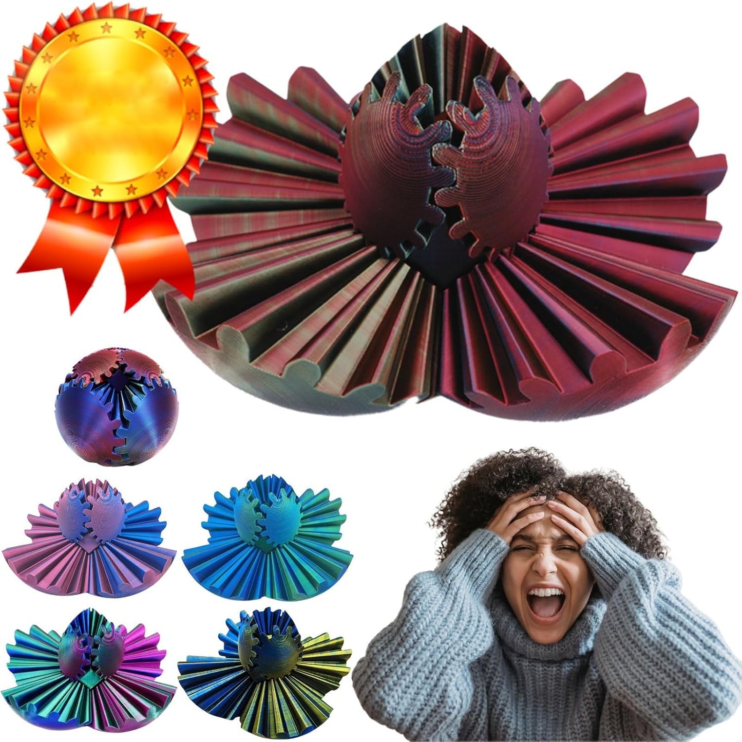 Gear Ball for ADHD 3D Printed Gear Ball Steampunk Whirling Wonder Fidget Toy Gearsphere Gear Ball for Stress and Anxiety Relaxing Fidget Ball Ideal for Sensory Needs and Autism (Laser Yellow Red Blue)