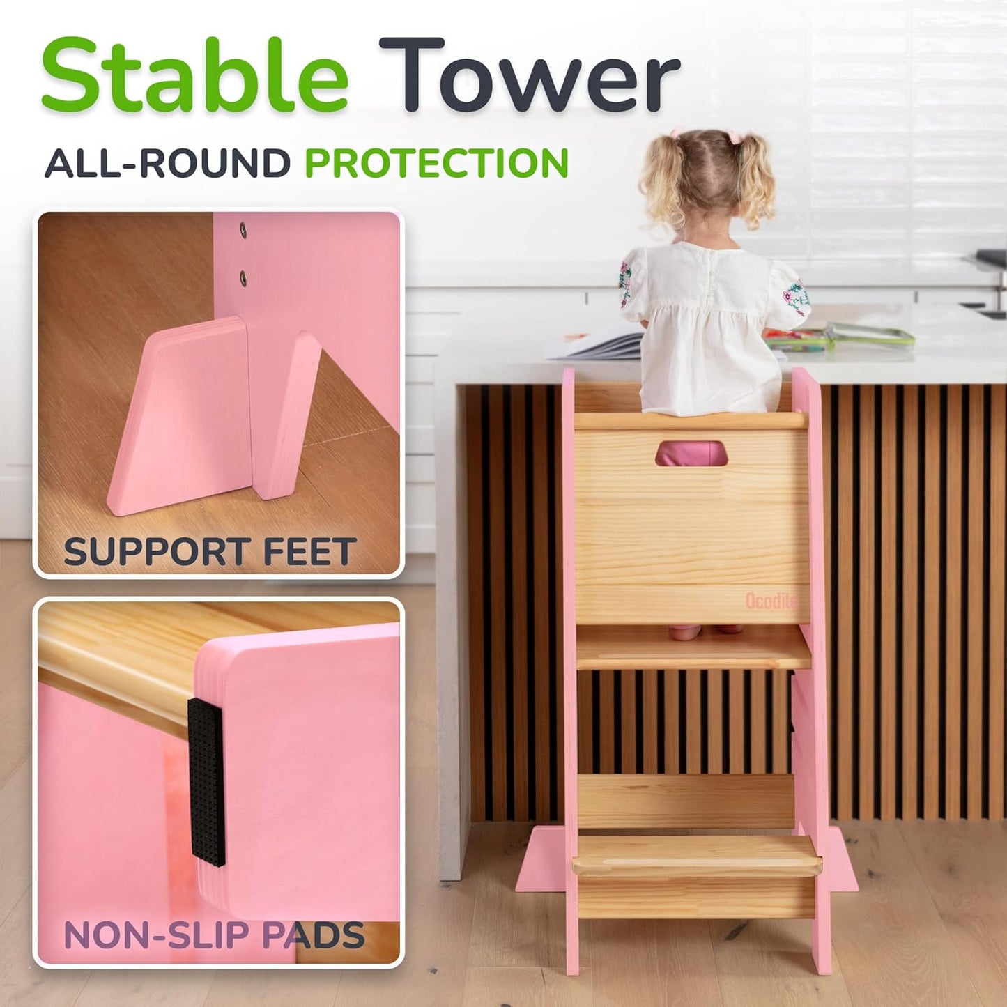 Toddler Tower with a Sliding Door and 3 Adjustable Heights - Complete Toddler Kitchen Stool Helper with Support Feet - Safe Design for 18+ Months to 6-Year-Old Kids - Pink