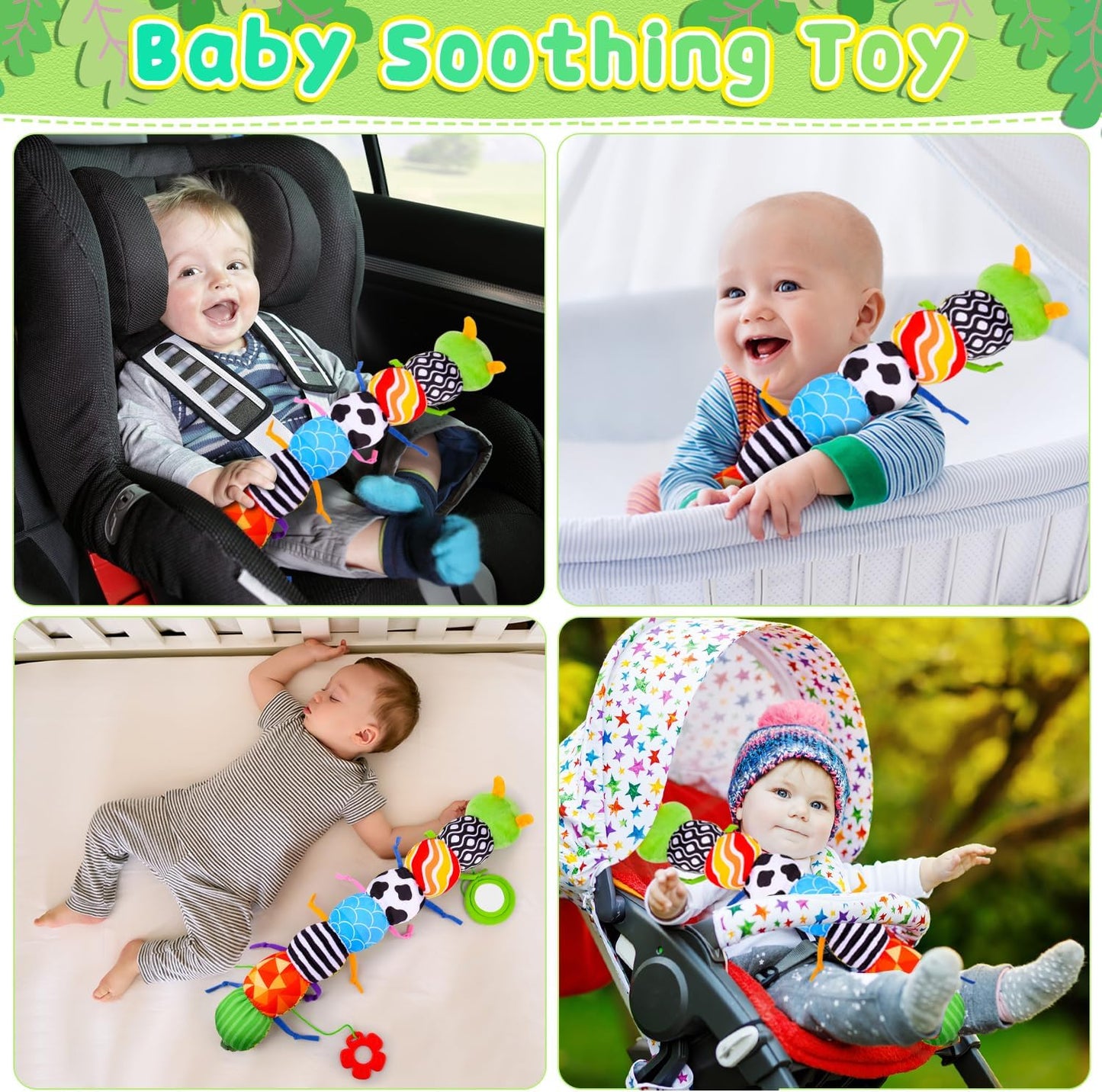 Baby Toys 0 to 12 Months, Stuffed Animal Infant Tummy Time Toys Sensory Toys with Crinkle, Rattles, Textures and Mirror Gifts for Newborn Boy Girls Toddlers, Caterpillar Musical Toy (Green)