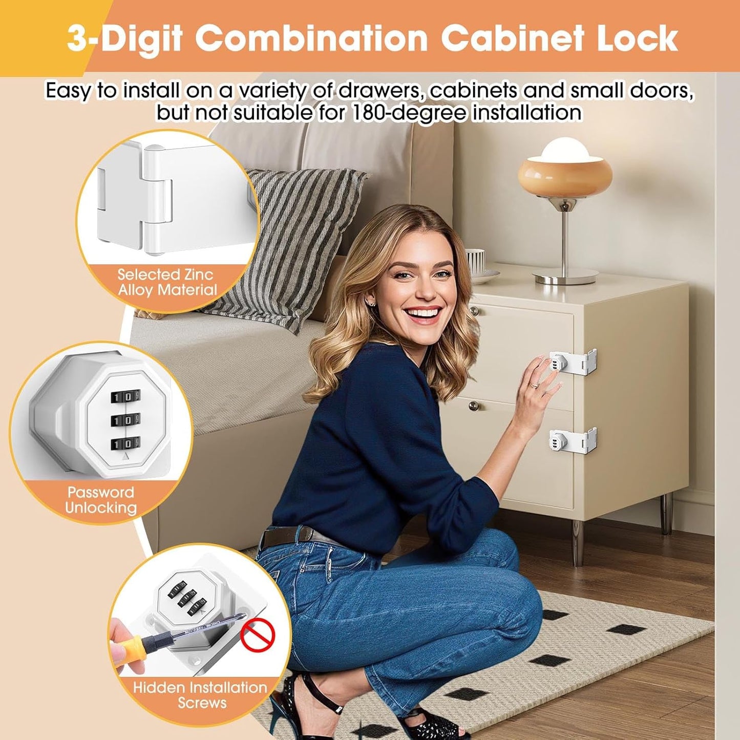 90 Degree Cabinet Locks with Combination, Mechanical Folding Door Latch, Keyless Password Rotary Hasp Latch Lock for Office File Cabinet, Drawers, Locker, Small Door, Cupboard (2, White)