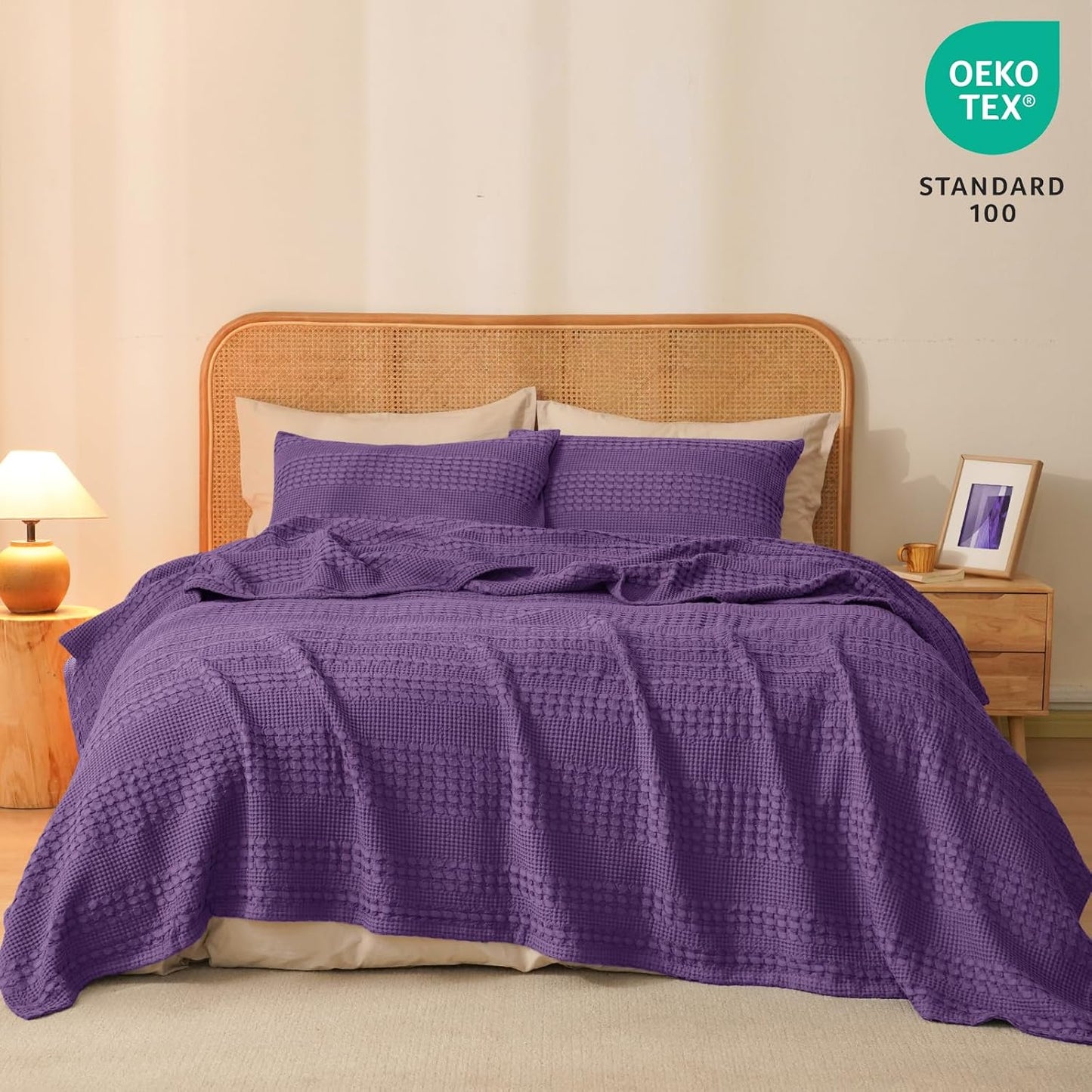 PHF 100% Cotton Waffle Weave Blanket King Size, Soft Lightweight Breathable Cozy Summer Blankets for Bed, Luxury Aesthetic Woven Bedding for Home Decor, 108"x90", Grape Purple