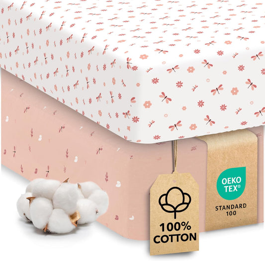 Sweety Fox 2-Pack Crib Sheets - Soft Jersey Cotton Fitted Sheets for Boys and Girls, Mini Crib Sheets, Toddler Bed Sheets (Dragonfly)