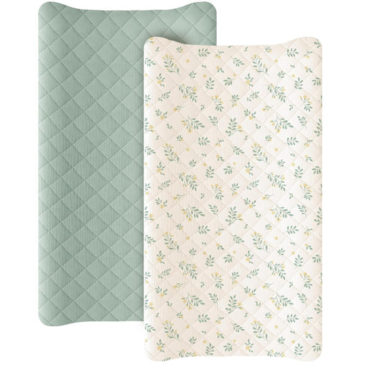 Konssy Waterproof Muslin Changing Pad Cover 2 Pack, Quilted Cotton Fitted Diaper Changing Table Cover, Soft Changing Pad Sheets for Girls Boys (Leafy,Green)