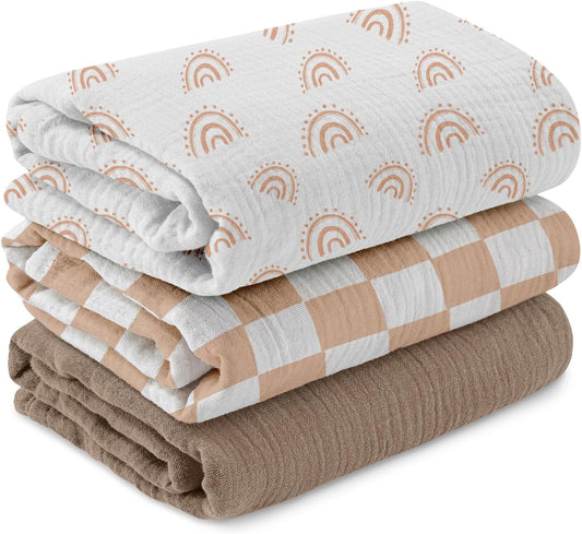 Muslin Swaddle Blankets for Newborn, 3 Pack Breathable Soft Receiving Blanket, Large 38 x 40 inches Swaddle Wrap Burping Clothes Diapers, Essentials Infant Shower Items, Toddler Gift (Rainbow & Grid)