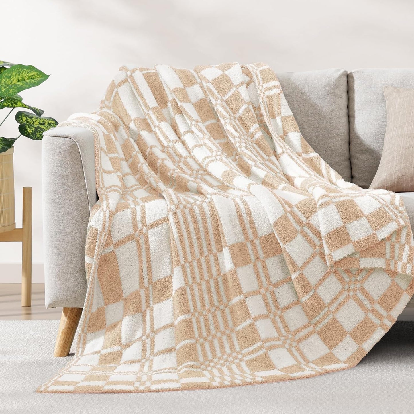 WRENSONGE Checkered Throw Blanket Toast Almond Soft Cozy Fluffy Warm Hand Made Weave Throw Blankets for Couch, Sofa, Chair, Bed, Camping, Picnic, Travel Lightweight Bed Blanket - 60"*80"