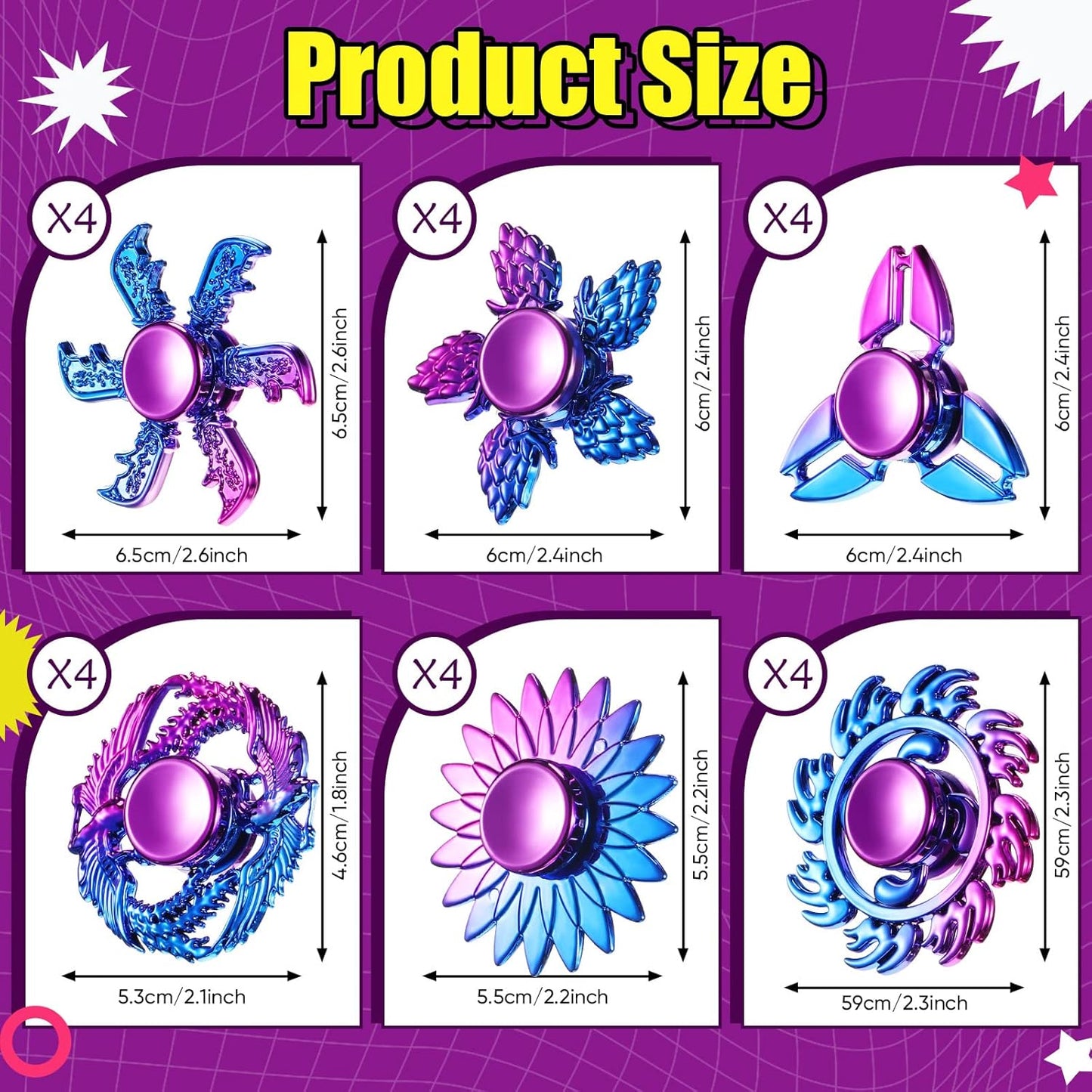 Woanger 24 Pcs Cool Spinners Metal Looking Spinner Toy Finger Spinners Toy Pack Stress Relief Hand Spinner for Adults Teens Anxiety Party Favor Stocking Stuffers Gift(Golden Purple)