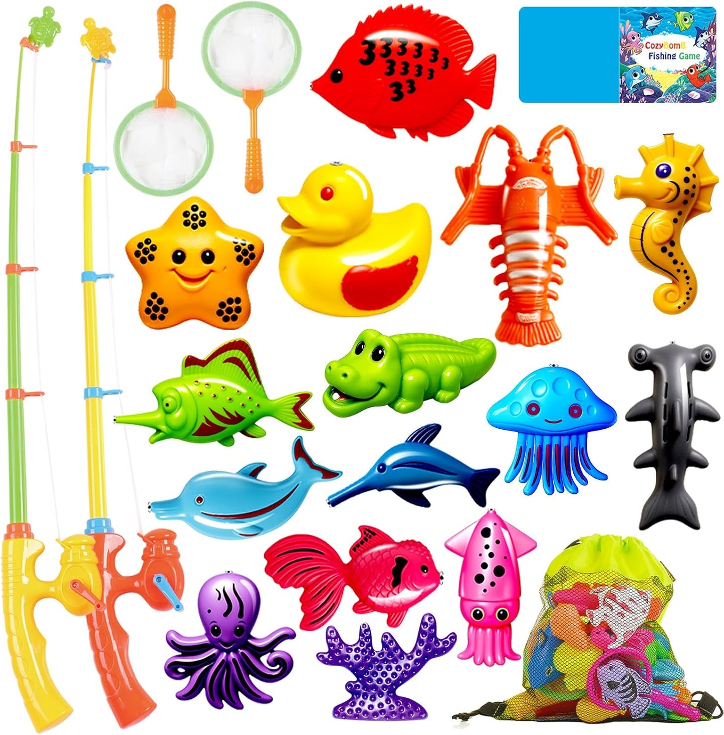 CozyBomB™ Magnetic Fishing Toys Game Set for Kids | Water Table Bathtub Kiddie Pool Party & Pole Rod Net, Plastic Floating Fish Toddler Color Ocean Sea Animals Birthday Age 3 4 5 6 Year