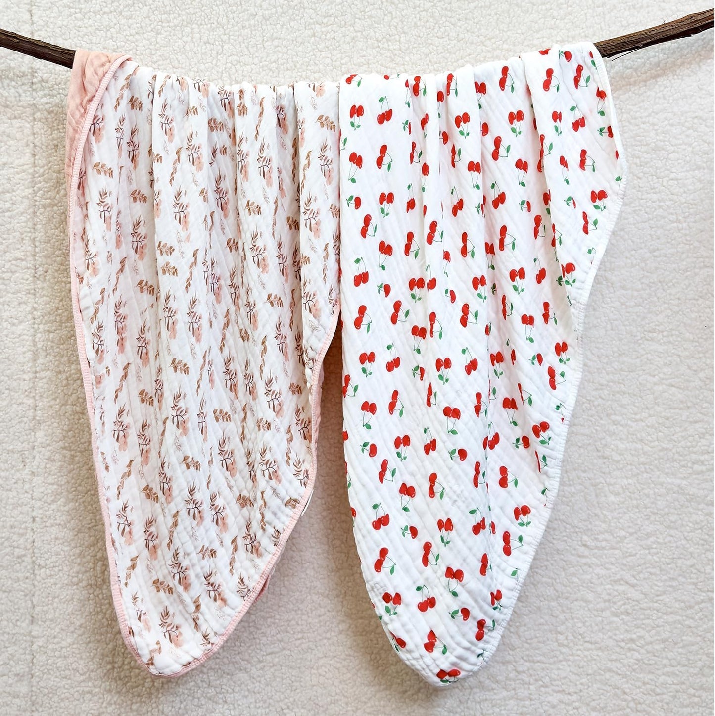 Pack of 2 Ultra Soft Muslin Baby Blankets for Girls Boys Breathable Lightweight Cotton Muslin Swaddle Blankets for Infant Toddler, Newborn Nursery Swaddling Wrap 43"X43" (Floral and Cherry)