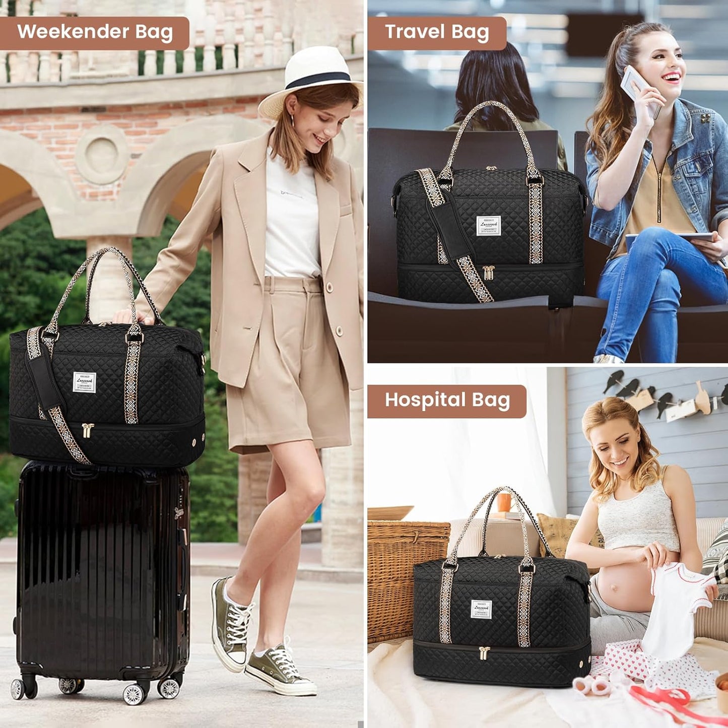 LOVEVOOK Travel Duffle Bag,Weekender Bags for Women with Shoe Compartment，Carry on Overnight Bag with Toiletry Bag,Gym Duffel Bag with Wet Pocket, Hospital Bags for Labor and Delivery