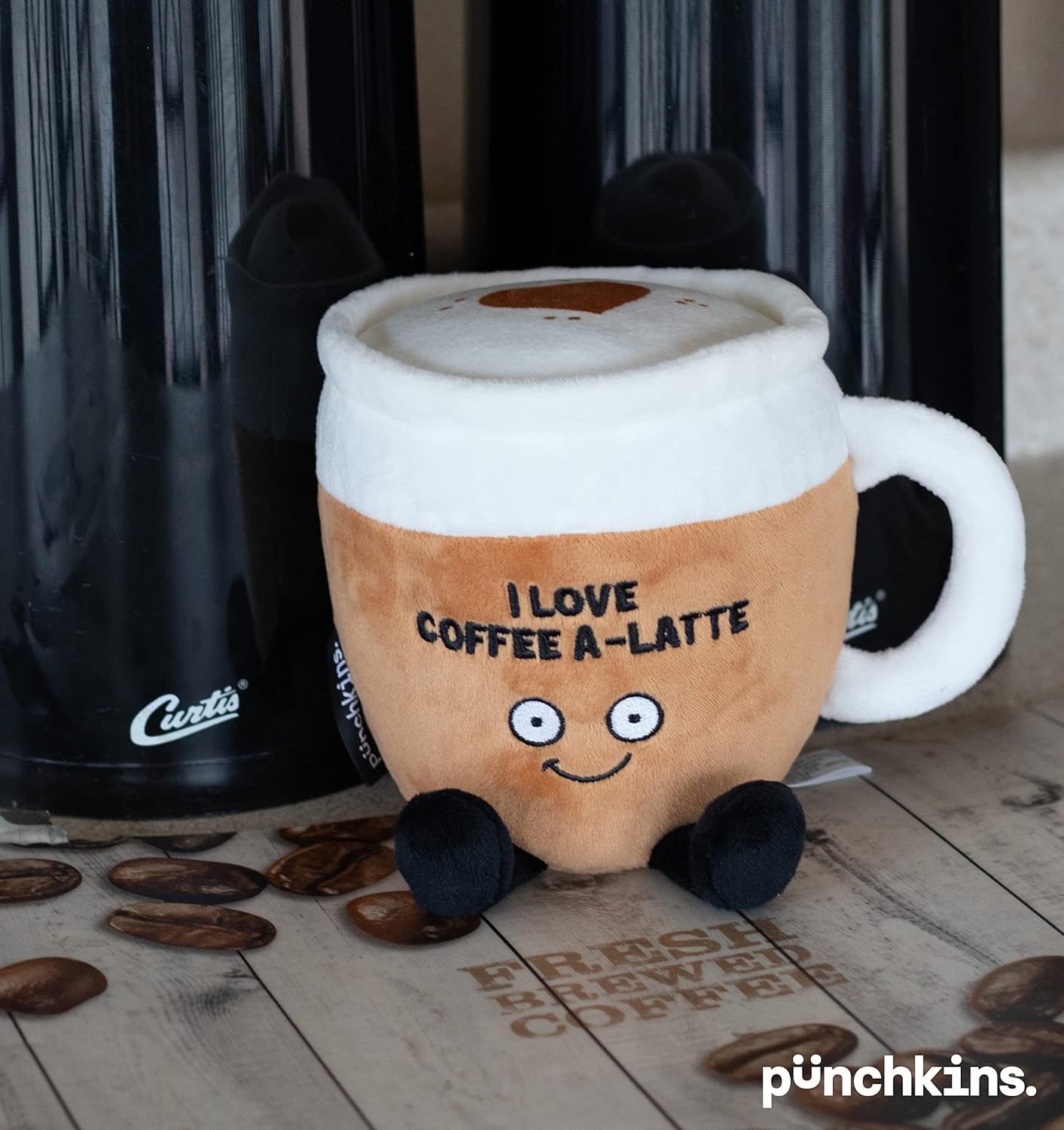 Coffee Foodie Plushie, Funny Pun Meme Gag Gift, White Elephant, Stocking Stuffer Present, Great for Emotional Support, Fun Desk Accessory, Weighted Base for Display