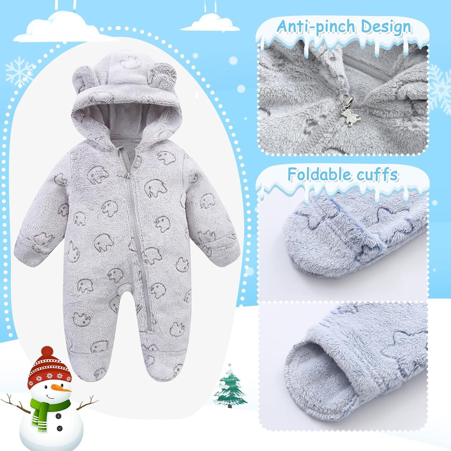 Fairy Baby Newborn Baby Bear Onesie Thin Fleece Footie Romper Snowsuit Hooded Jumpsuit Bodysuit Winter Outwear Boy Girl 0-12M