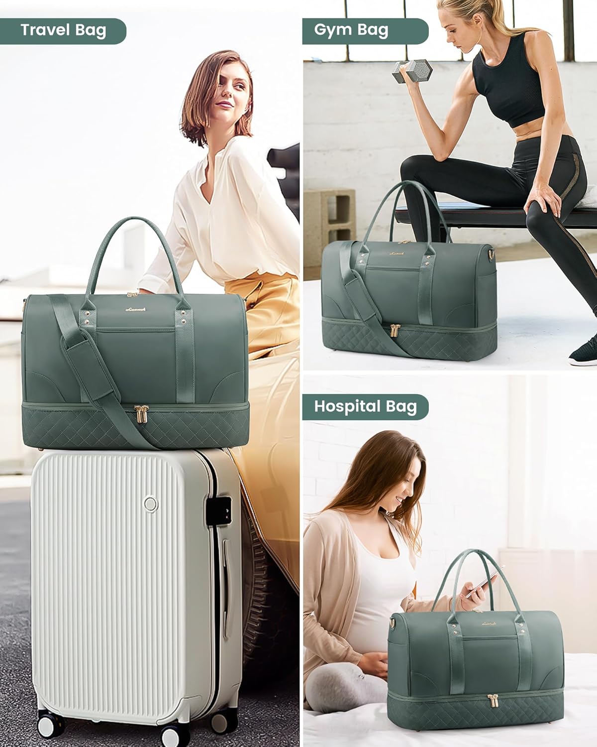 LOVEVOOK Travel Bag,Weekender Bag for Women Travel Duffle Bag with Shoe Compartment,Carry on Overnight Bag with Wet Pocket,Gym Yoga Duffel Bag,Hospital Bags for Labor and Delivery,3 Pcs Set