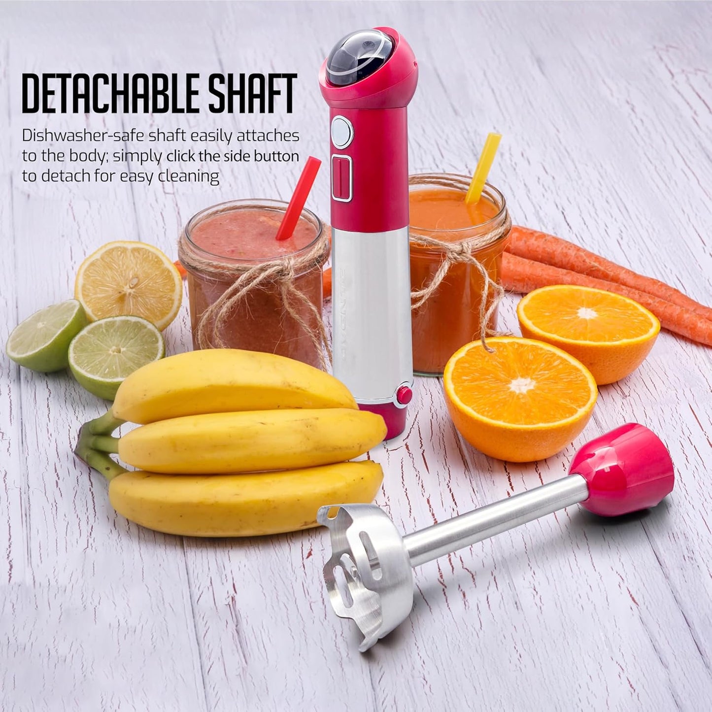 OVENTE Cordless Immersion Hand Blender, 300W Rechargeable Handheld Portable Stick Mixer with Speed Pulse Activating Sensor and Stainless Steel Blades for Smoothies, Shakes or Baby Food, Red HR995R