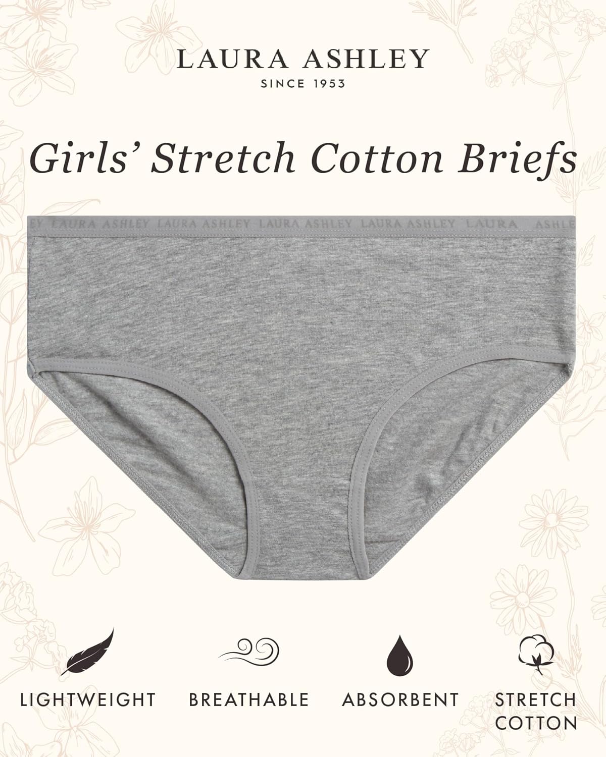 Laura Ashley Girls Underwear - 5 Pack Soft Stretch Breathable Panties for Girls - Lightweight Cotton Panties (Size: 4-12)