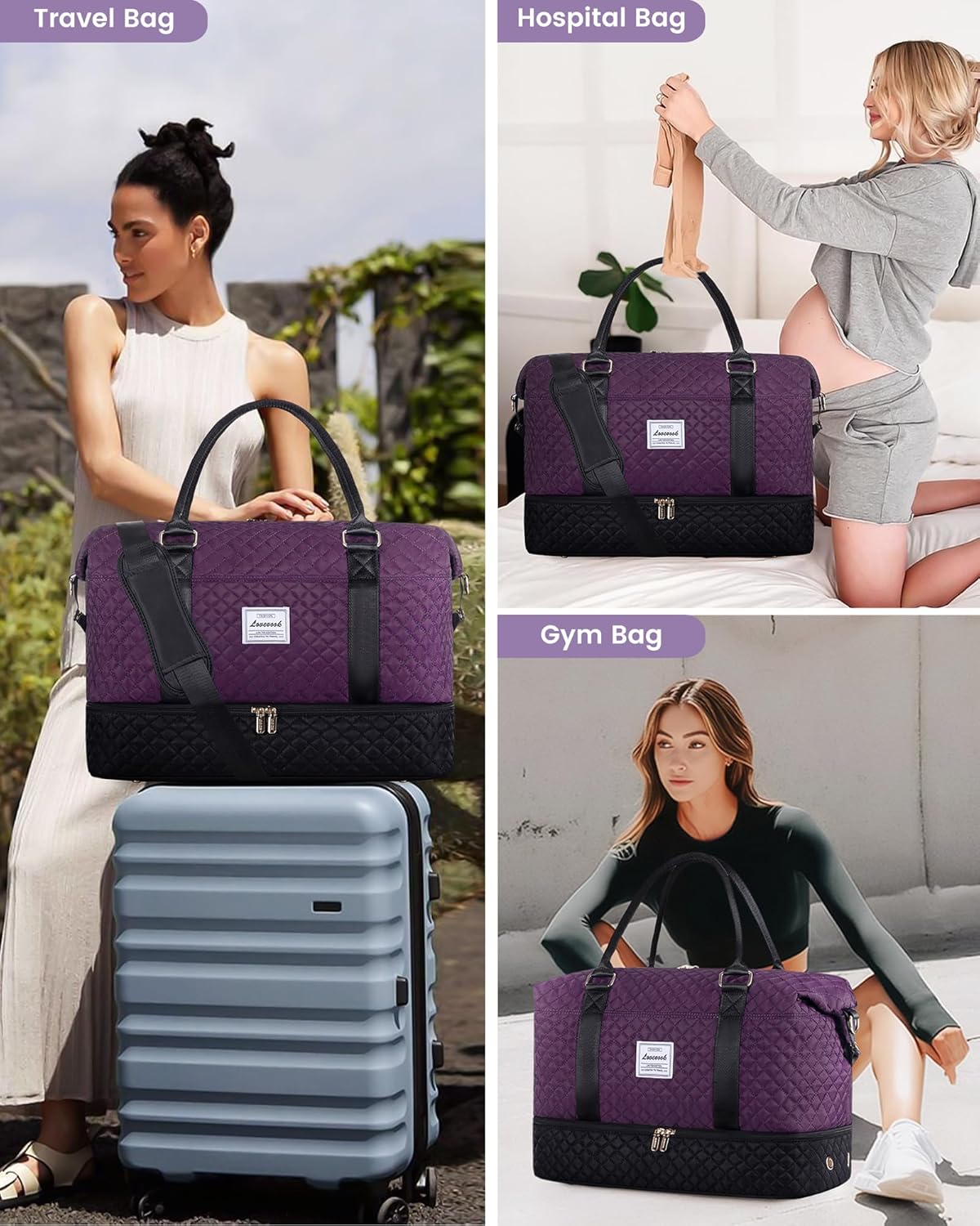 LOVEVOOK Travel Weekender Bag for Women, Carry on Overnight Bag with Shoe Compartment, Travel Duffle Bag Women, Yoga Gym Duffel Bag with Wet Pocket, Hospital Bags for Labor and Delivery, 3 Pcs Set