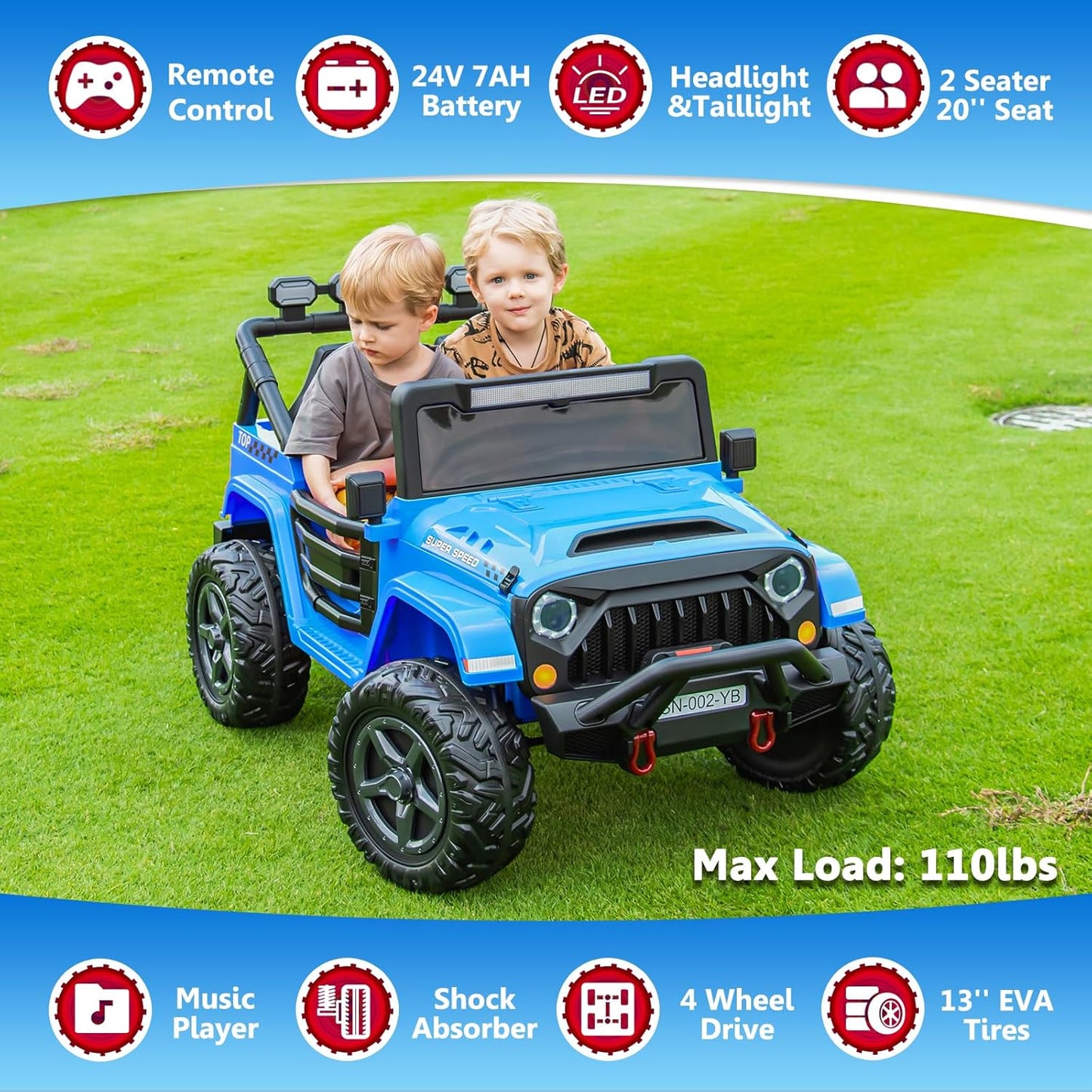 24V 2 Seater Ride On Truck with Remote Control 4WD Electric Car for Kids Ride On Car Battery Powered Ride On Toy Car with Music Player, LED Lights, Bluetooth, Rear Shock Absorber, Blue