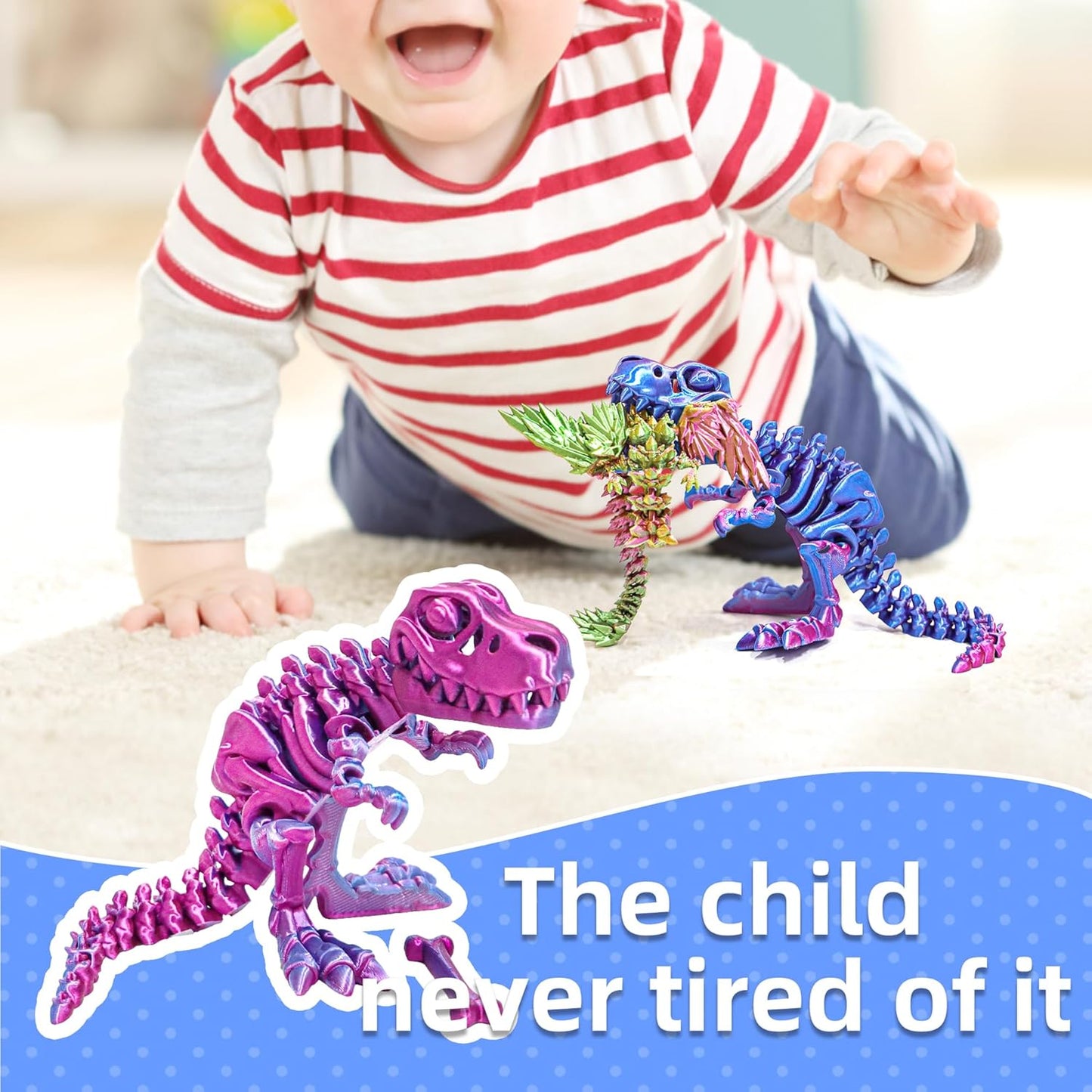 Flavery 3D Printed Dinosaur with Bones - 10 inch Flexible T-Rex Skeleton with Bones, 3D Fidget Toy, Birthday Gift, Dragon Collection, Desk Executive Toy - (Red Mix Blue)