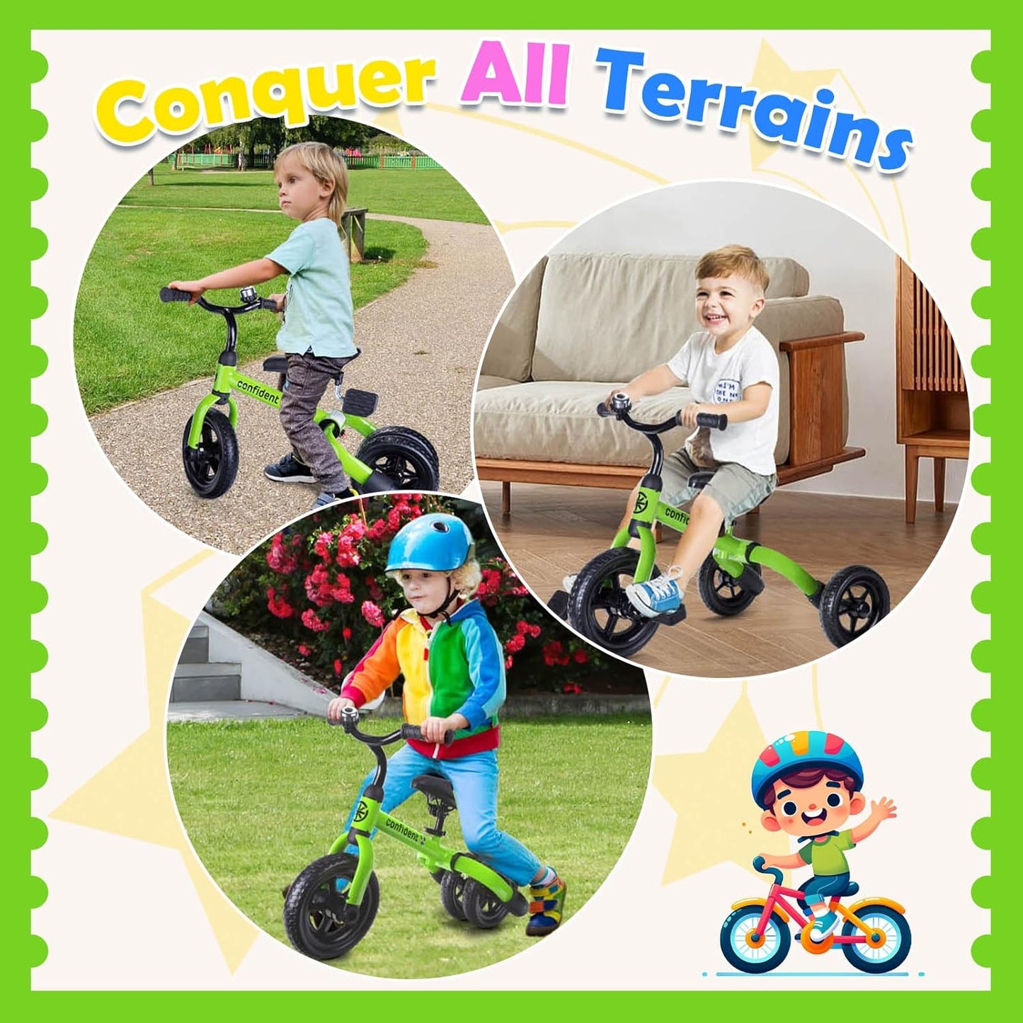 Ancaixin 3 in 1 Toddler Tricycles for 2-5 Years Old Boys and Girls with Adjustable Seat Detachable Pedal and Bell, Foldable Baby Balance Bike Riding Toys for Kids, Child Birthday Gift Green