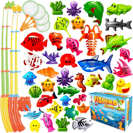 CozyBomB™ Magnetic Fishing Toys Game Set for Kids | Water Table Bathtub Kiddie Pool Party & Pole Rod Net, Plastic Floating Fish Toddler Color Ocean Sea Animals Birthday Age 3 4 5 6 Year