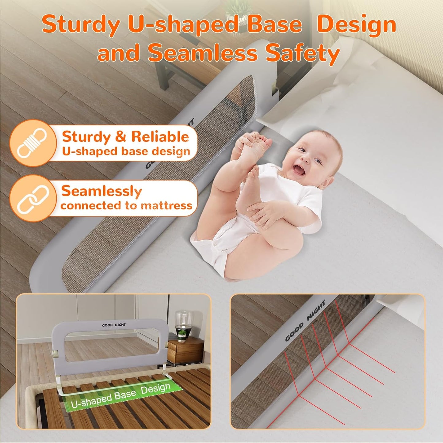 Bed Guard Rail for Toddlers - 47" Adjustable Heights & Folding up Portable Bed Railing for Baby - Toddler Bed Rails Guard for Crib, Twin, Bunk,Full Size, Queen & King Bed(Grey)