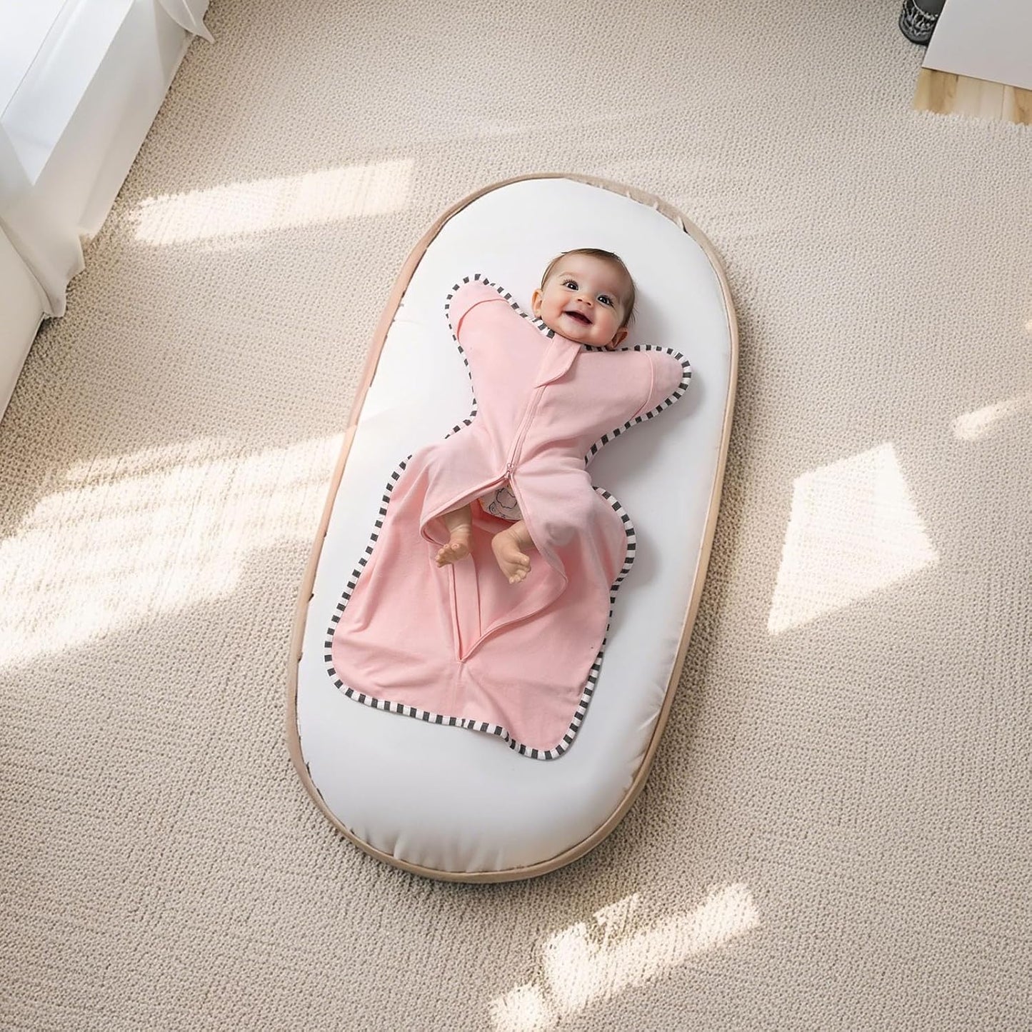 Transition Swaddle, 2 Pack 100% Cotton Baby Sleep Sack, 2-Way Zipper Infant Arm Up Swaddle for Newborn Baby Boys Girls (Pink + Beige, L(6-9 Months))