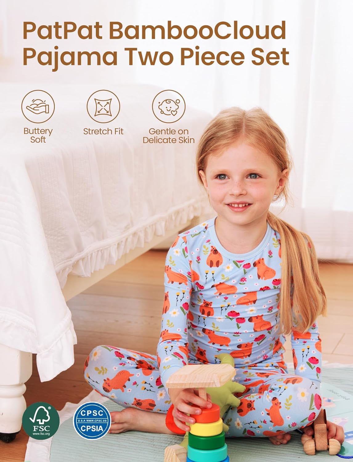 PATPAT Bamboo Viscose Pajama Set for Toddlers with Improved Tensile Strength, Snug Fit Pjs Sleeper for Baby Boys Girls Kids