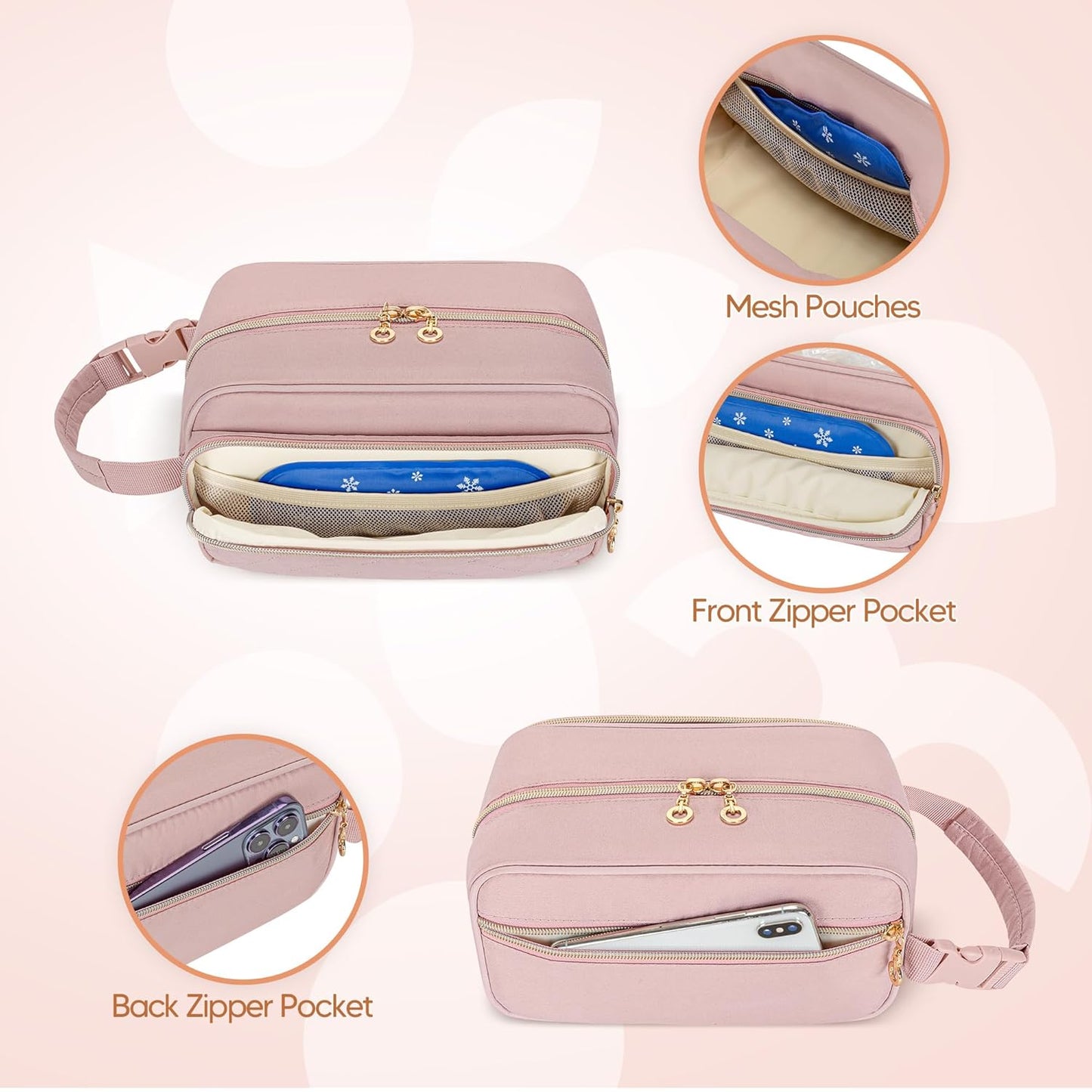 Damero Breastmilk Cooler Bag with 4 Ice Packs, Breast Milk Cooler Travel Bag Fit for Milk Bags or Bottles, with Buckle Handle for Breastfeeding Moms Travel/Daycare, Pink