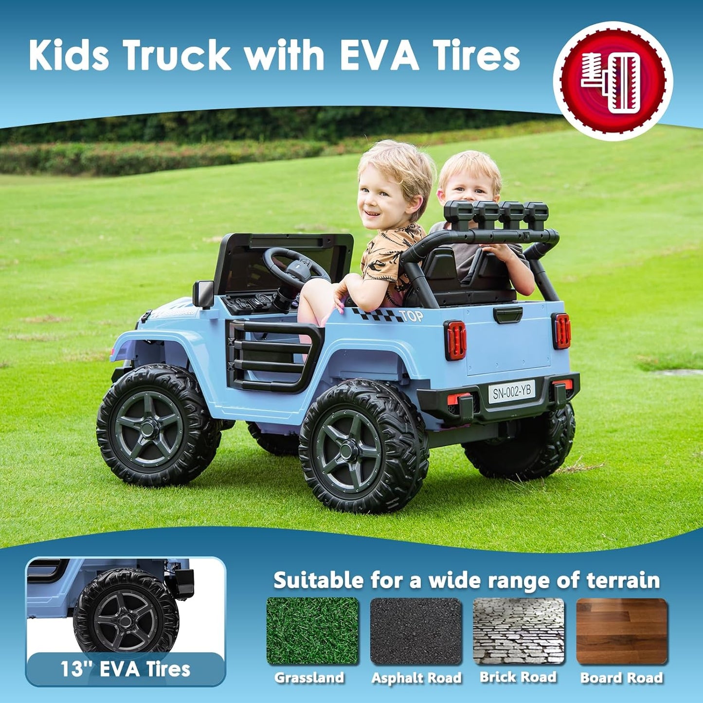 24V 2 Seater Ride On Truck with Remote Control 4WD Electric Car for Kids Ride On Car Battery Powered Ride On Toy Car with Music Player, LED Lights, Bluetooth, Rear Shock Absorber, Gray Blue