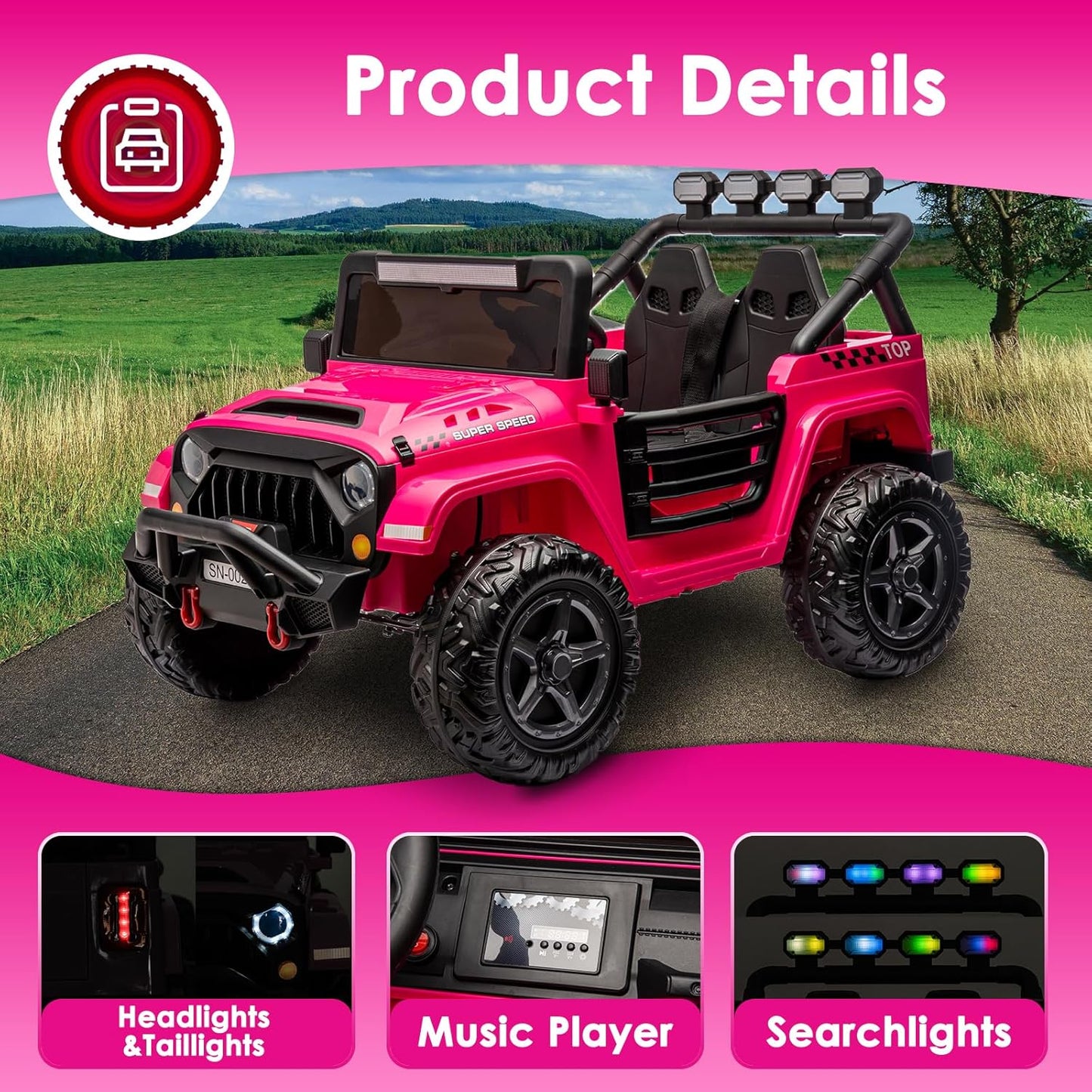 24V 2 Seater Ride On Truck with Remote Control 4WD Electric Car for Kids Ride On Car Battery Powered Ride On Toy Car with Music Player, LED Lights, Bluetooth, Rear Shock Absorber, Hot Pink