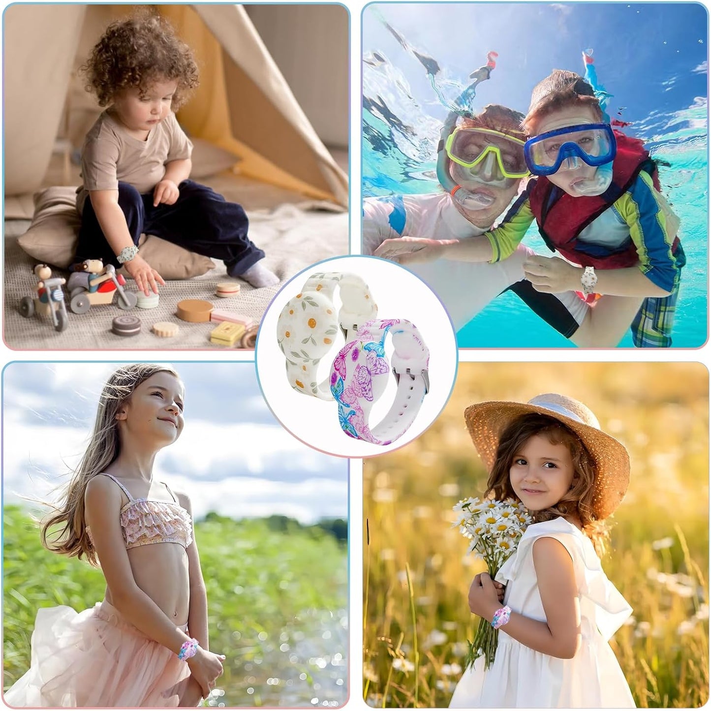 Waterproof AirTag Bracelet for Kids, Soft Silicone Air Tag Hidden Holder Case Compatible with Apple Airtag, Adjustable Anti-Lost Printed Strap GPS Traker for Toddler Child(2 Pack, Butterfly & Flower)