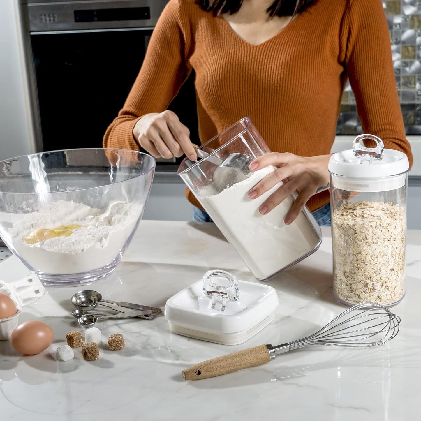 Felli Flip Tite Food Storage Containers With Lid 5" LARGE Airtight Ring Lock Flip Top, Square Acrylic Canister Jar for Rice Sugar Flour Protein Powder, Kitchen Pantry Organizer, Gift Set (1.8qt)