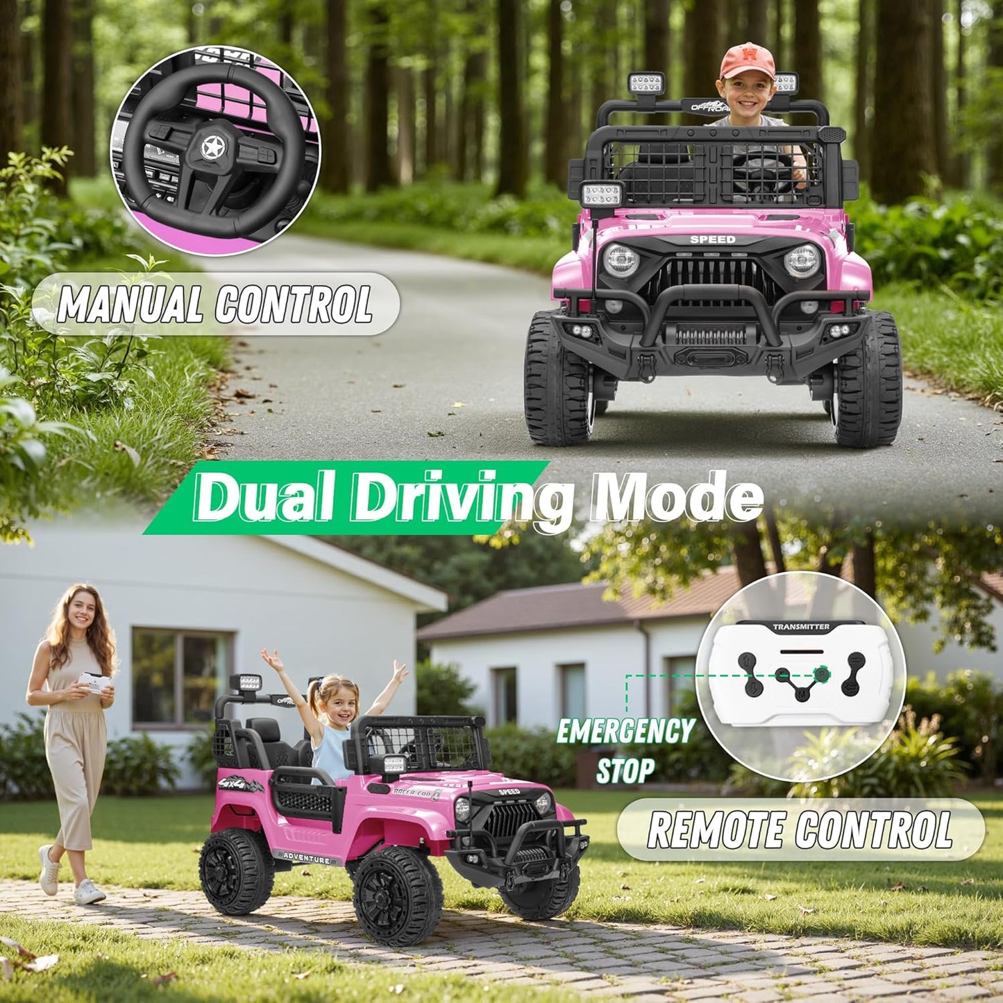 2 Seater Ride On Car Truck with Remote Control XL, Kids 24V Battery Powered Electric Vihicle w/21 in Seat, 3 Speeds, 2WD/4WD Switichable, Shock Absorbers,Bluetooth, Flower, Gift Choice
