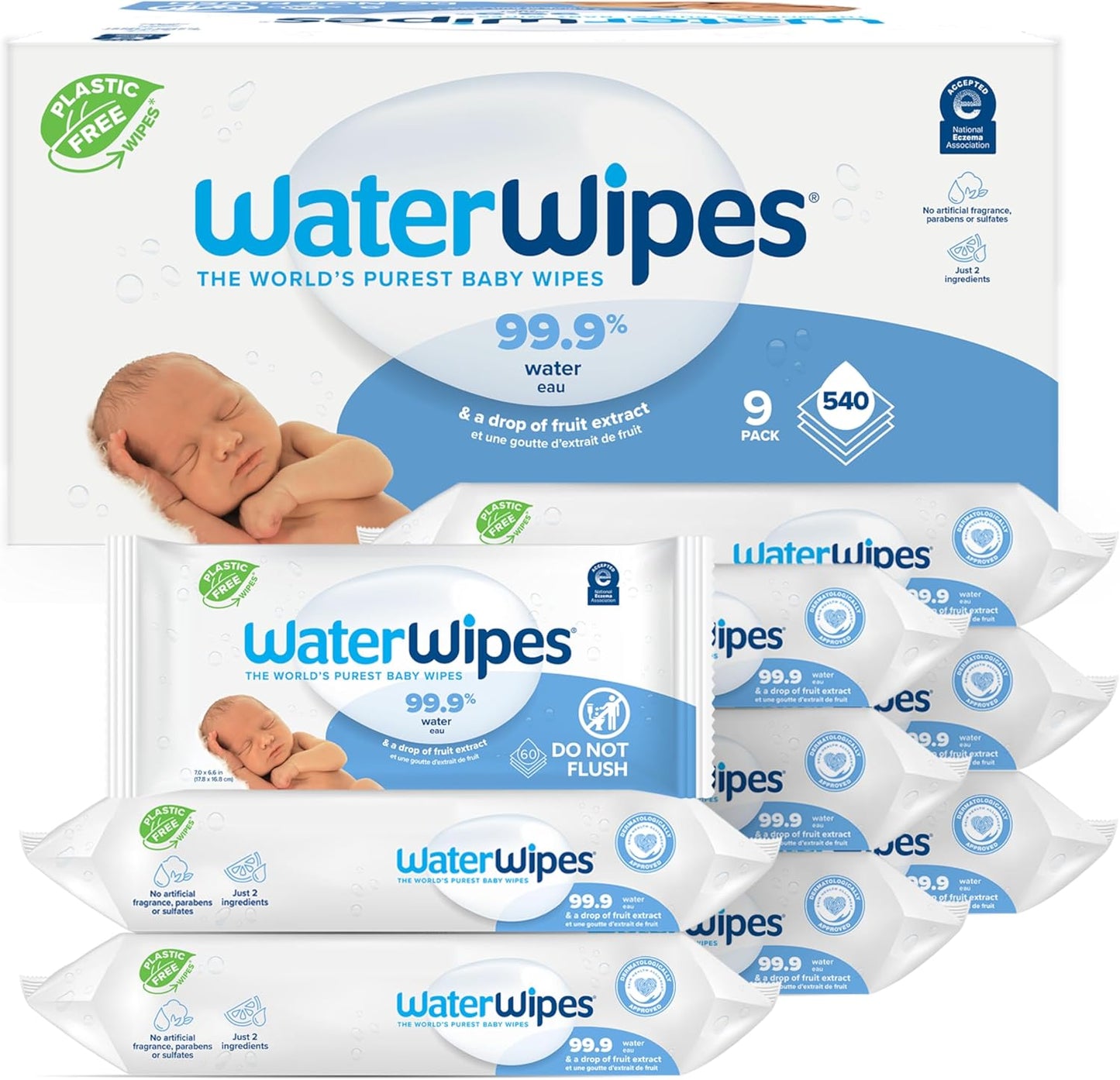 WaterWipes Sensitive+ Newborn & Baby Wipes, 3-In-1 Cleans, Cares, Protects, 99.9% Water, Unscented & Hypoallergenic, 540 Count (9 Packs)