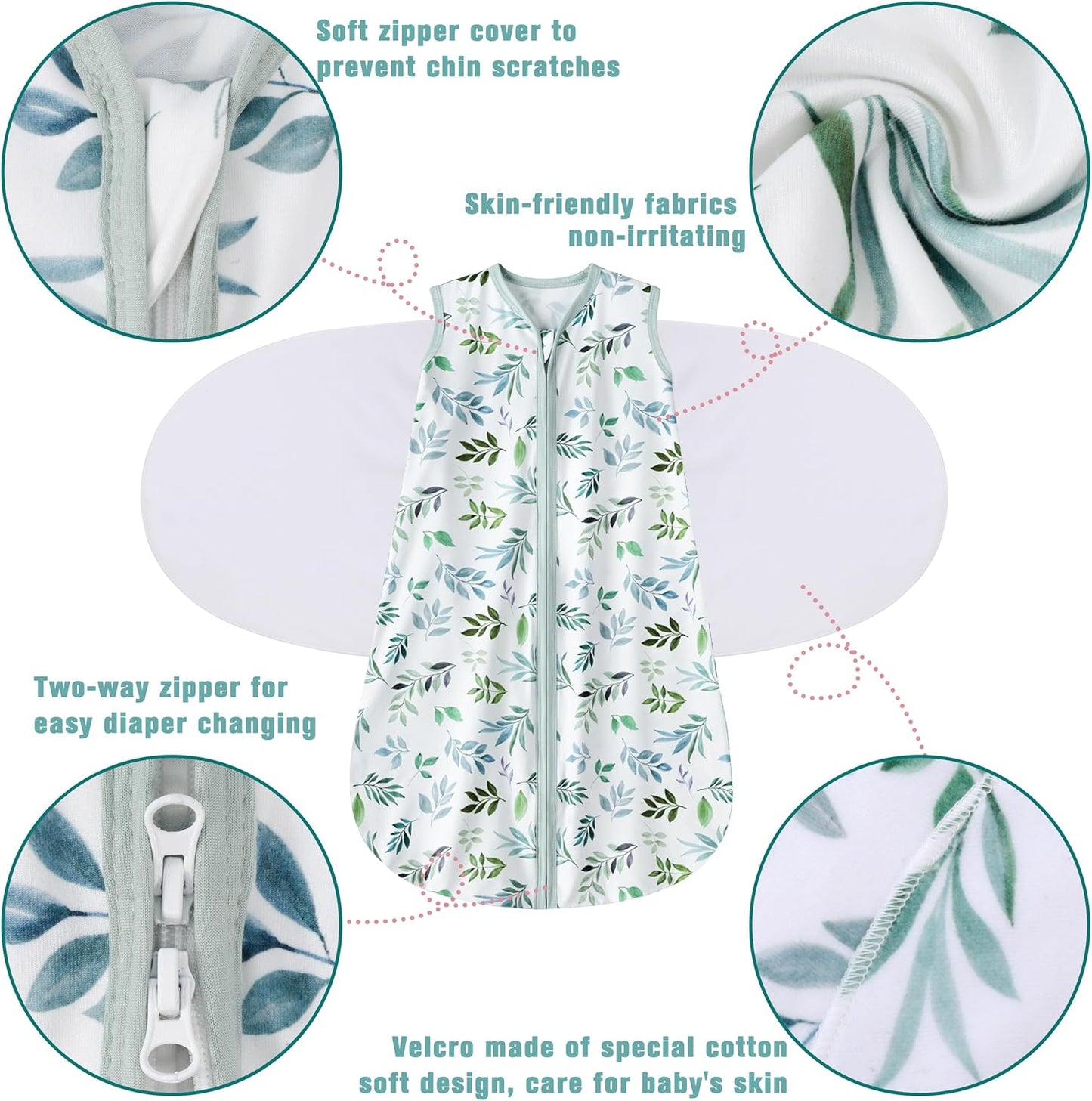 Newborn Sleep Sack Baby Swaddle,Swaddle me 6-12 Month,3-Way Adjustable Wearable Blanket,100% Rayon Cotton Swaddling Sleeping Bag，TOG 0.5 (Leaf, 6-12 Months)
