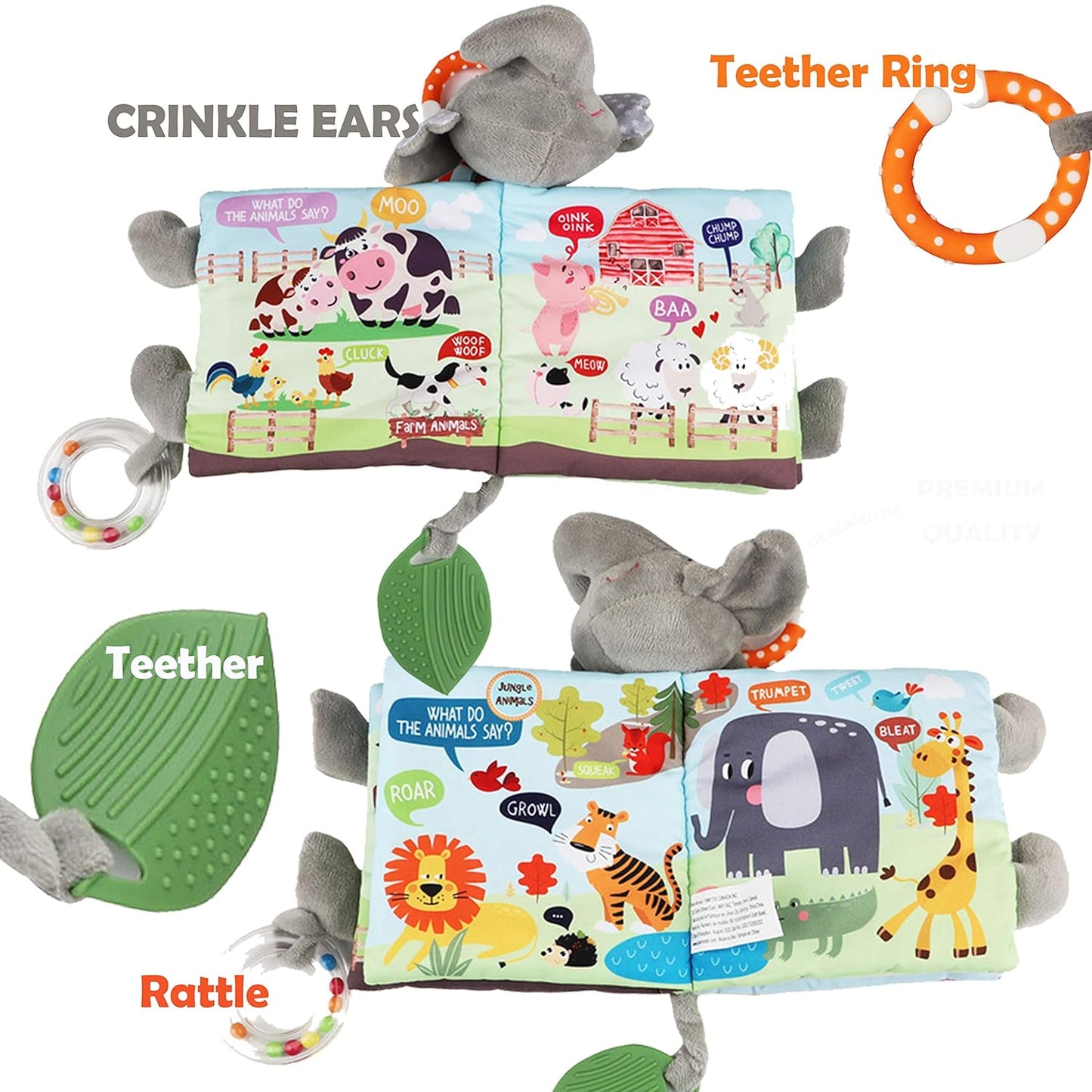 Elephant Touch and Feel Baby Books Toys 0-6 Months, Loveys Crinkle Books for Babies,Infant Toys 6-12-18 Months 1-2 Year Old, Baby Shower Easter Gifts Soft Cloth Book Teething Rattle for Boys Girls