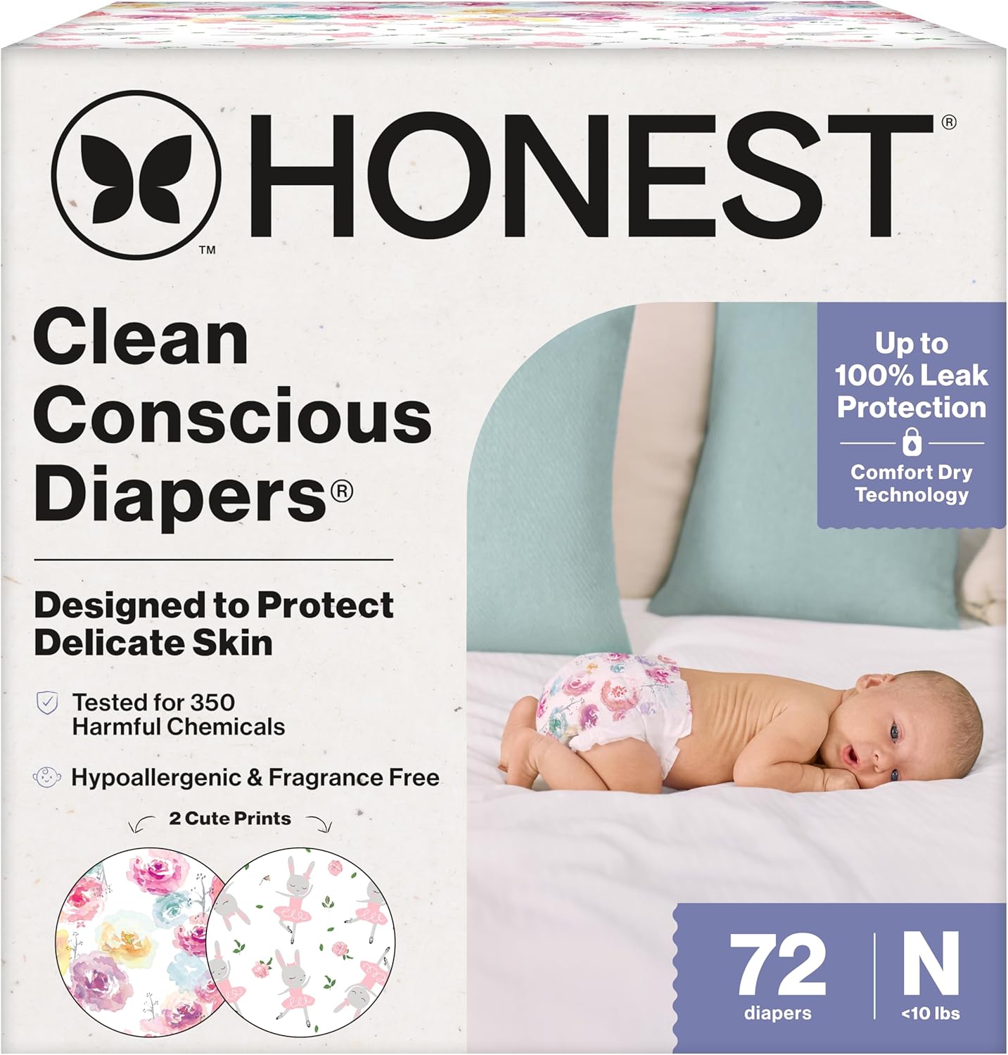 The Honest Company Clean Conscious Diapers for Delicate Skin | Up to 100% Leakproof | Hypoallergenic, Fragrance Free | Girl Prints | Club Box, Size Newborn, 72 Count (Prints May Vary)