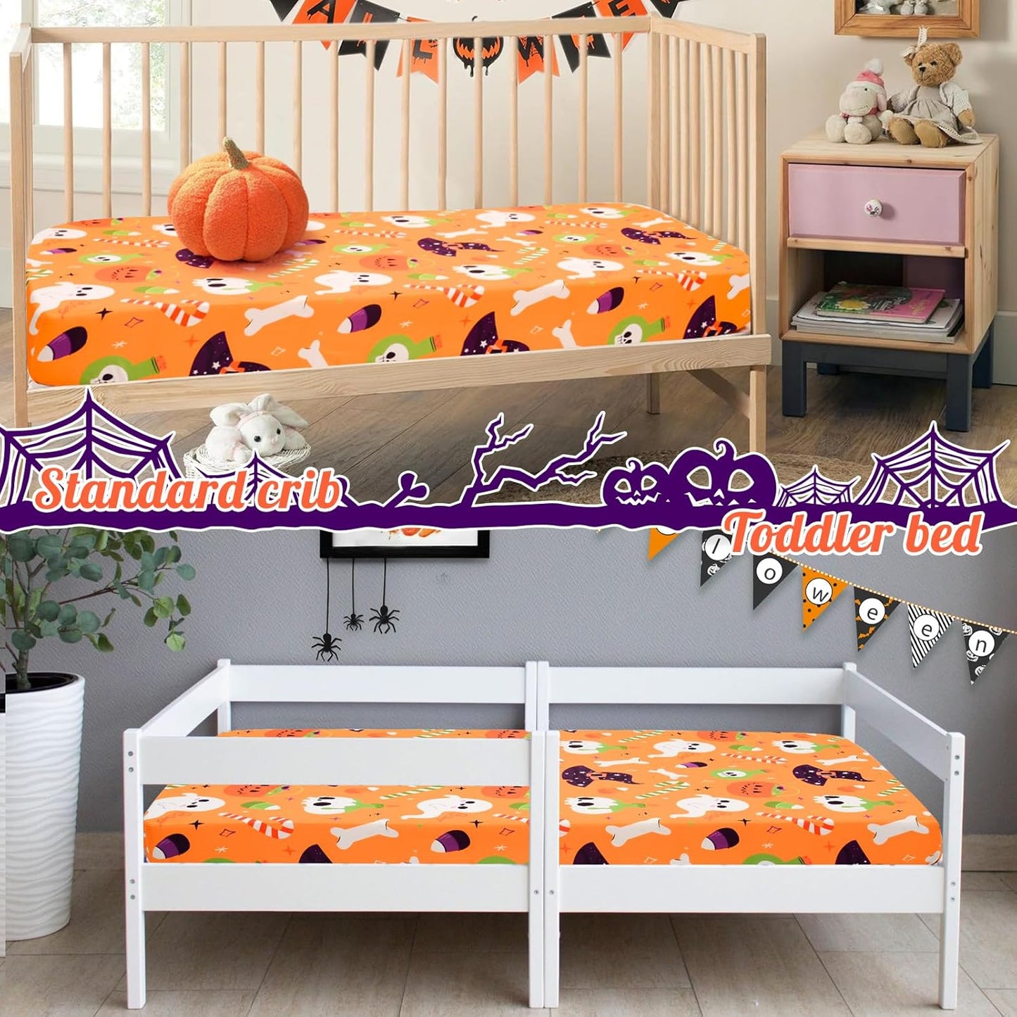 UOMNY Halloween Pumpkin Crib Sheet for Boys Girls Halloween Fitted Crib Sheets for Standard Crib 52 X 28 Inch Toddler Crib Mattresses Sheet, Purple Hat