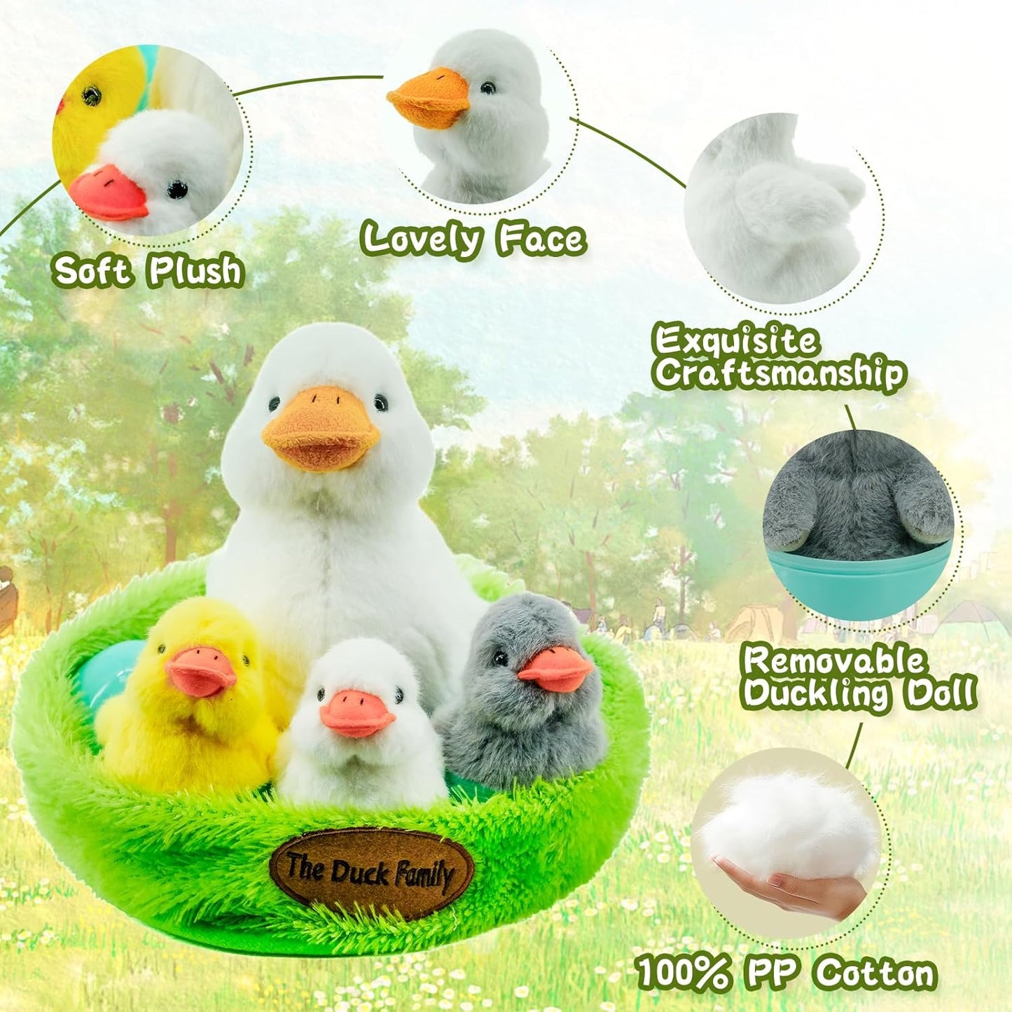 Plush Duck Toy Set with Mommy Duck and Ducklings - Squeaky Soft Stuffed Animals with Eggs & Carry Nest - Perfect Cuddly Gift for Kids, Toddlers, Baby Girls & Boys, Easter or Birthday