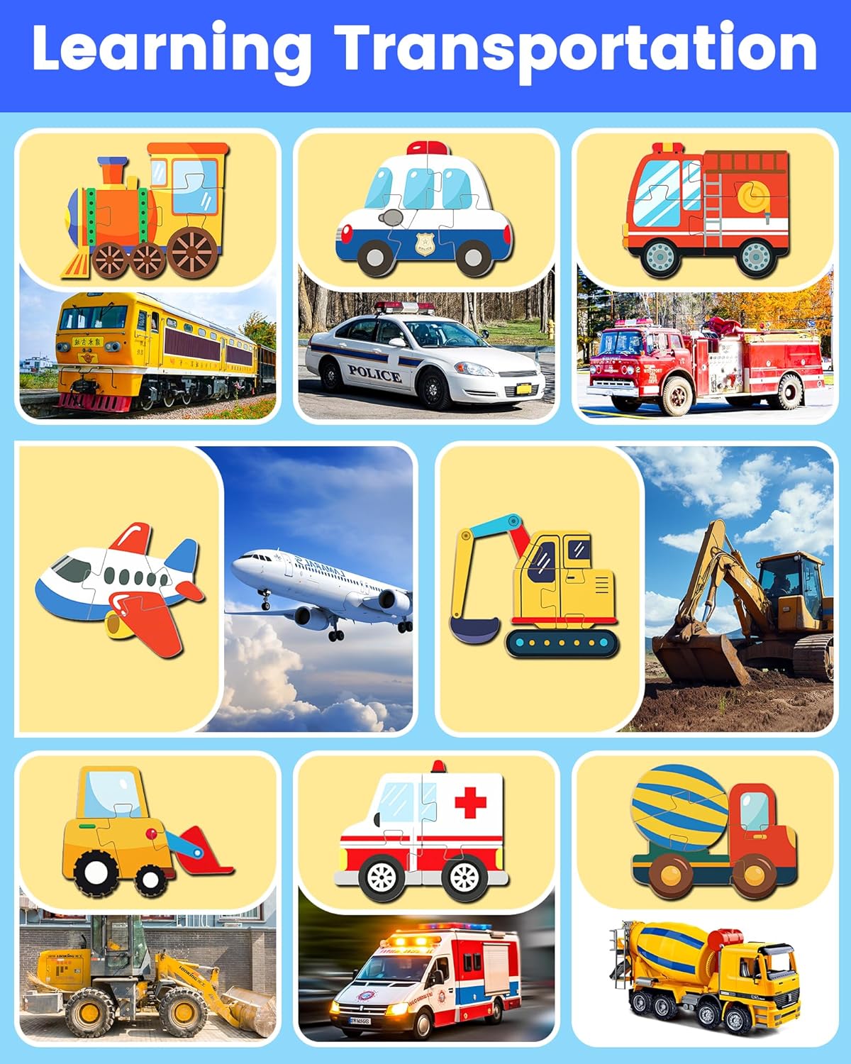 Benresive Wooden Toddler Puzzles, Montessori Toys for 1 2 3 Year Old Boys, Toys for 1 2 3 Year Old Boy Birthday Gifts, 8 Pack Vehicle Toddler Learning Educational Puzzles