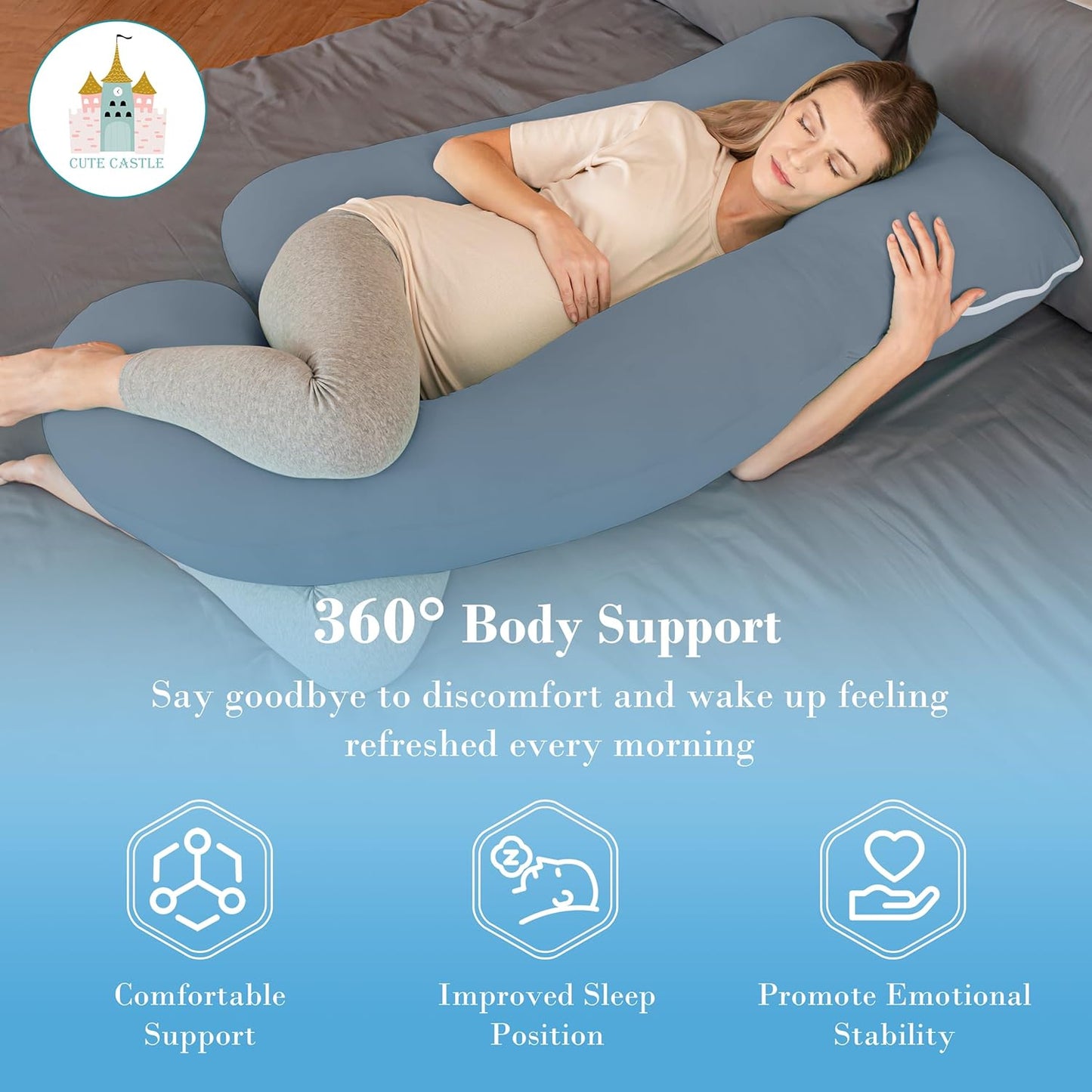 Cute Castle Cooling Cover Pregnancy Pillows, Soft U-Shape Maternity Pillow with Removable Cover - Full Body Pillows for Adults Sleeping - Pregnancy Must Haves - Jumbo 57 Inch - Grey