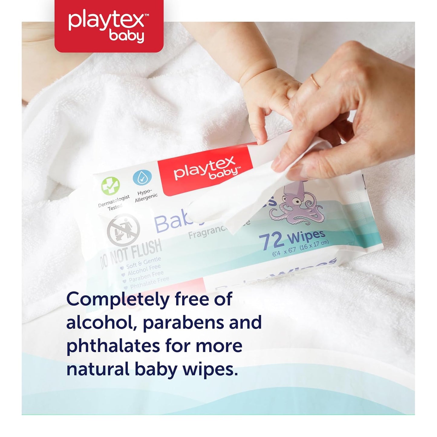 Playtex Baby Wipes, Fragrance Free, 72 Ct, 3-Pack, Dermatologist Tested Soft and Gentle Baby Face and Hand Wipes, pH Balanced, Hypoallergenic, Free of Alcohol, Parabens and Phthalates