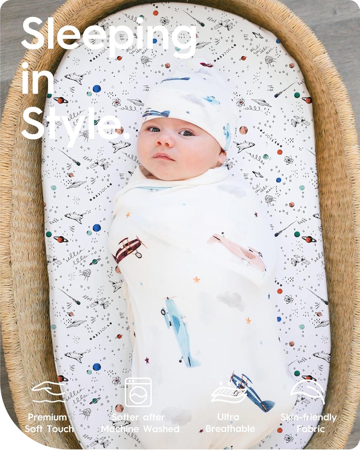 Bassinet Sheets for Baby Boy Girl, TotBasic Buttery Soft Universal Bassinet Fitted Sheet, Compatible with Halo, Mika Micky, Baby Delight, Dream On Me, Maxi COSI & More Bassinet Mattress(Space&Galaxy)